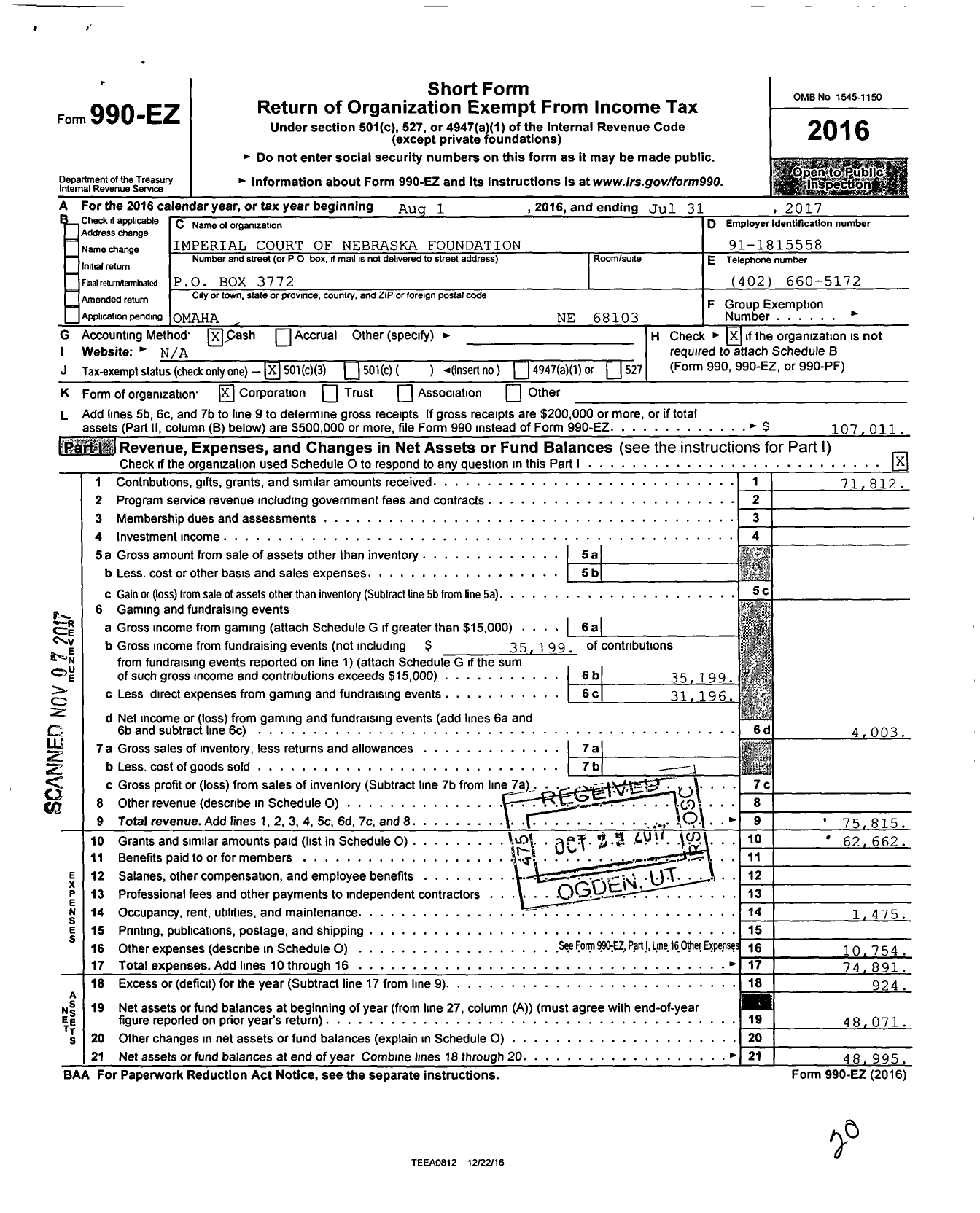 Image of first page of 2016 Form 990EZ for Imperial Court of Nebraska Foundation