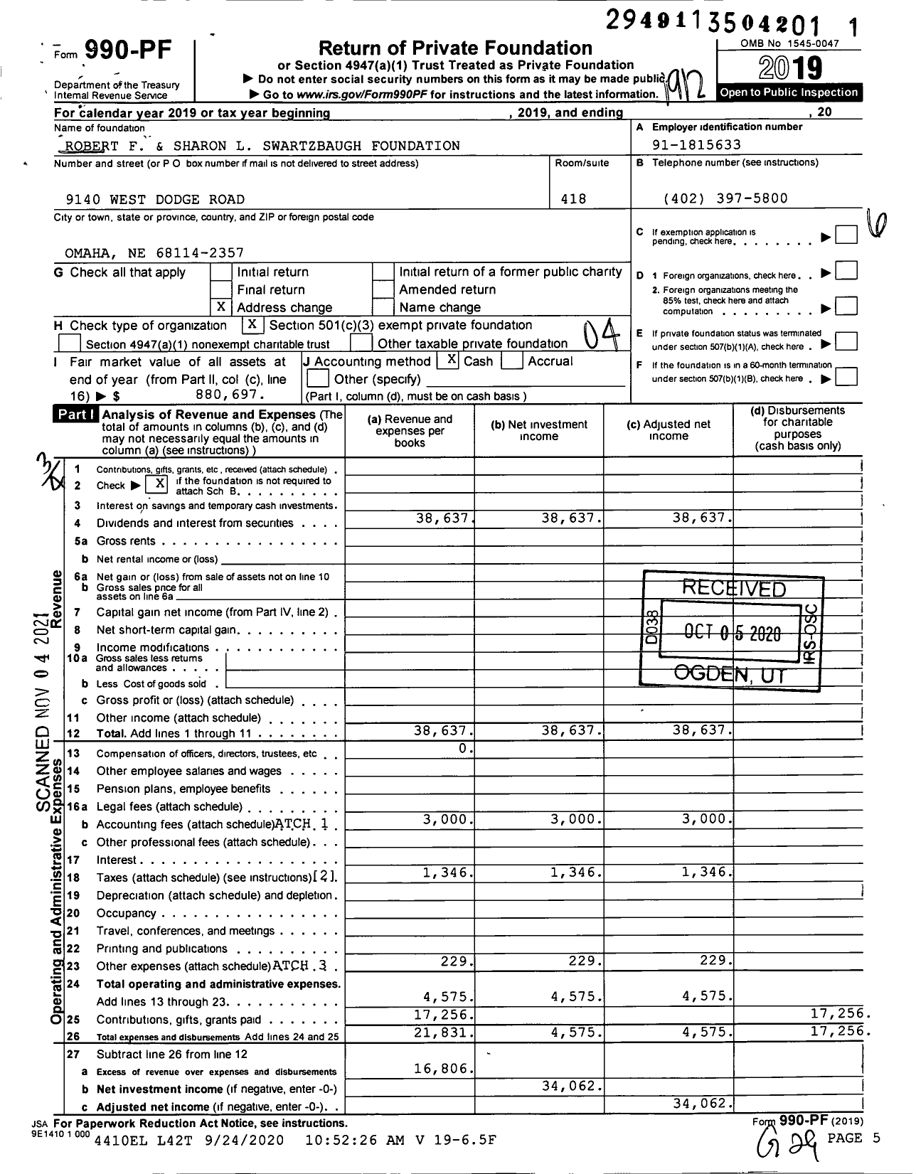 Image of first page of 2019 Form 990PF for Robert F and Sharon L Swartzbaugh Foundation