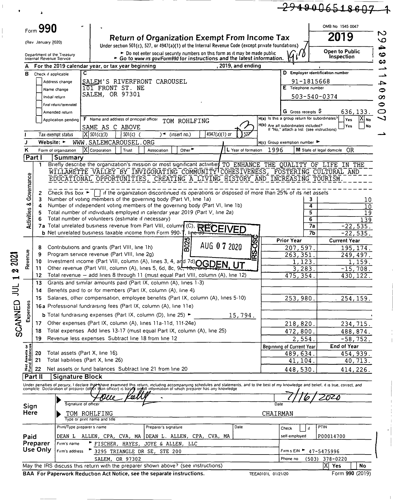 Image of first page of 2019 Form 990 for Salems Riverfront Carousel