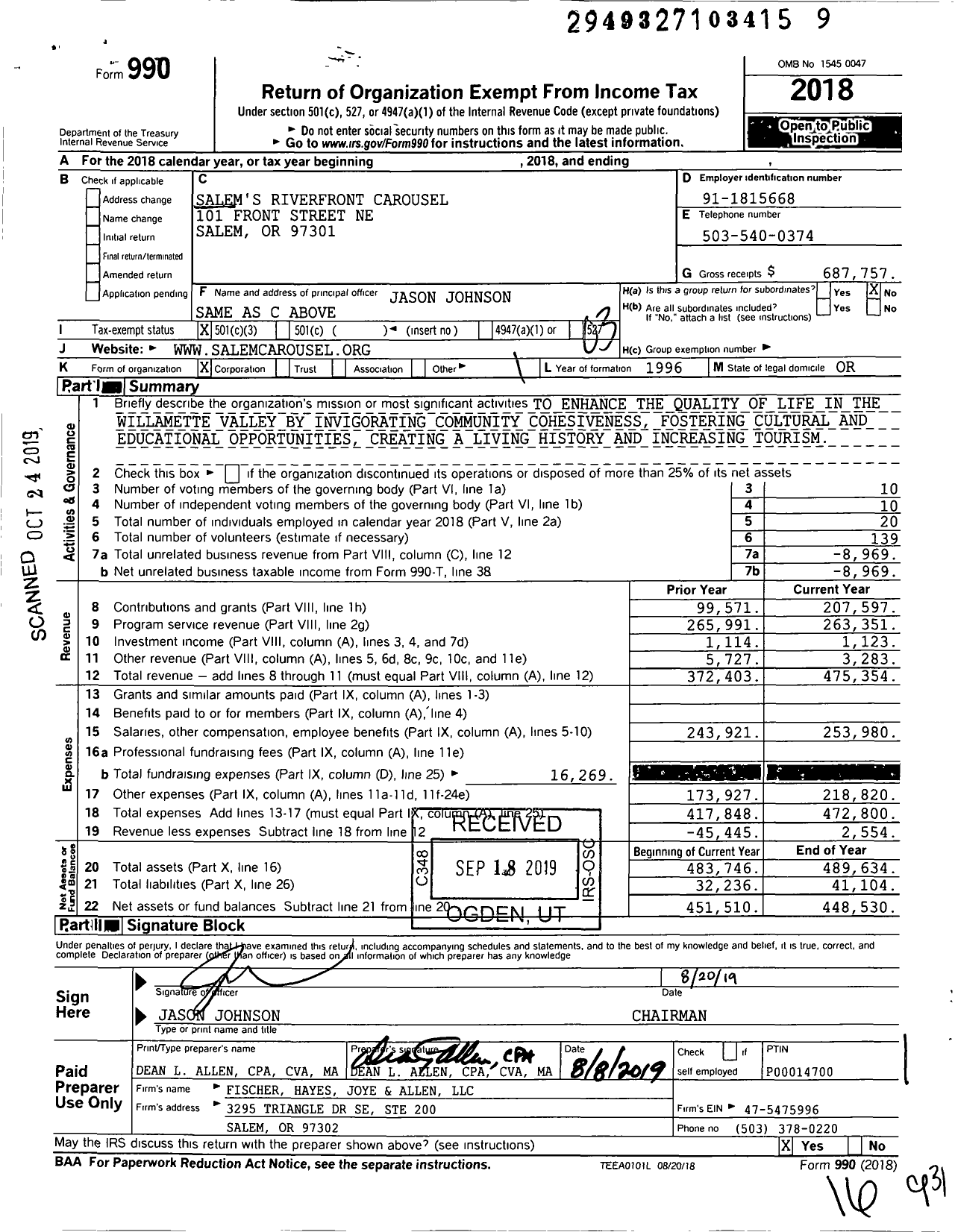 Image of first page of 2018 Form 990 for Salems Riverfront Carousel