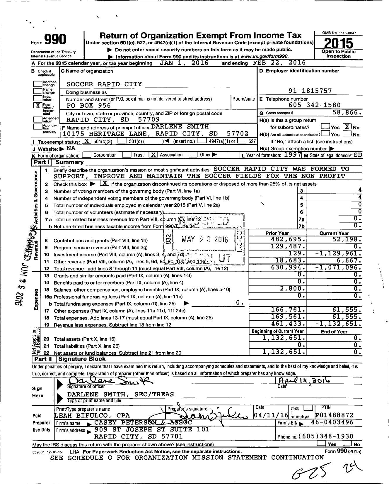Image of first page of 2015 Form 990 for Soccer Rapid City