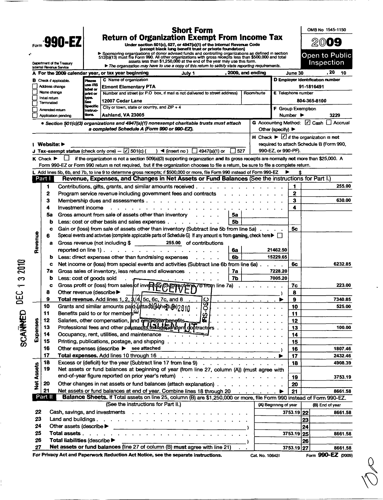Image of first page of 2009 Form 990EO for Virginia PTA - Elmont Elementary School PTA