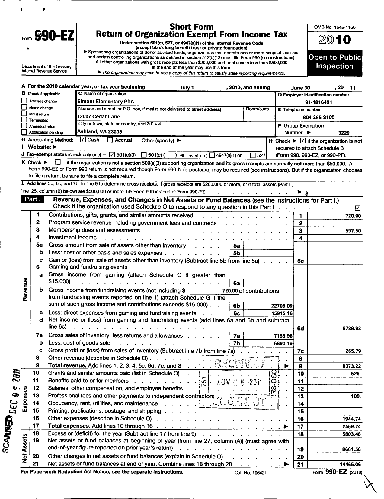 Image of first page of 2010 Form 990EZ for Virginia PTA - Elmont Elementary School PTA