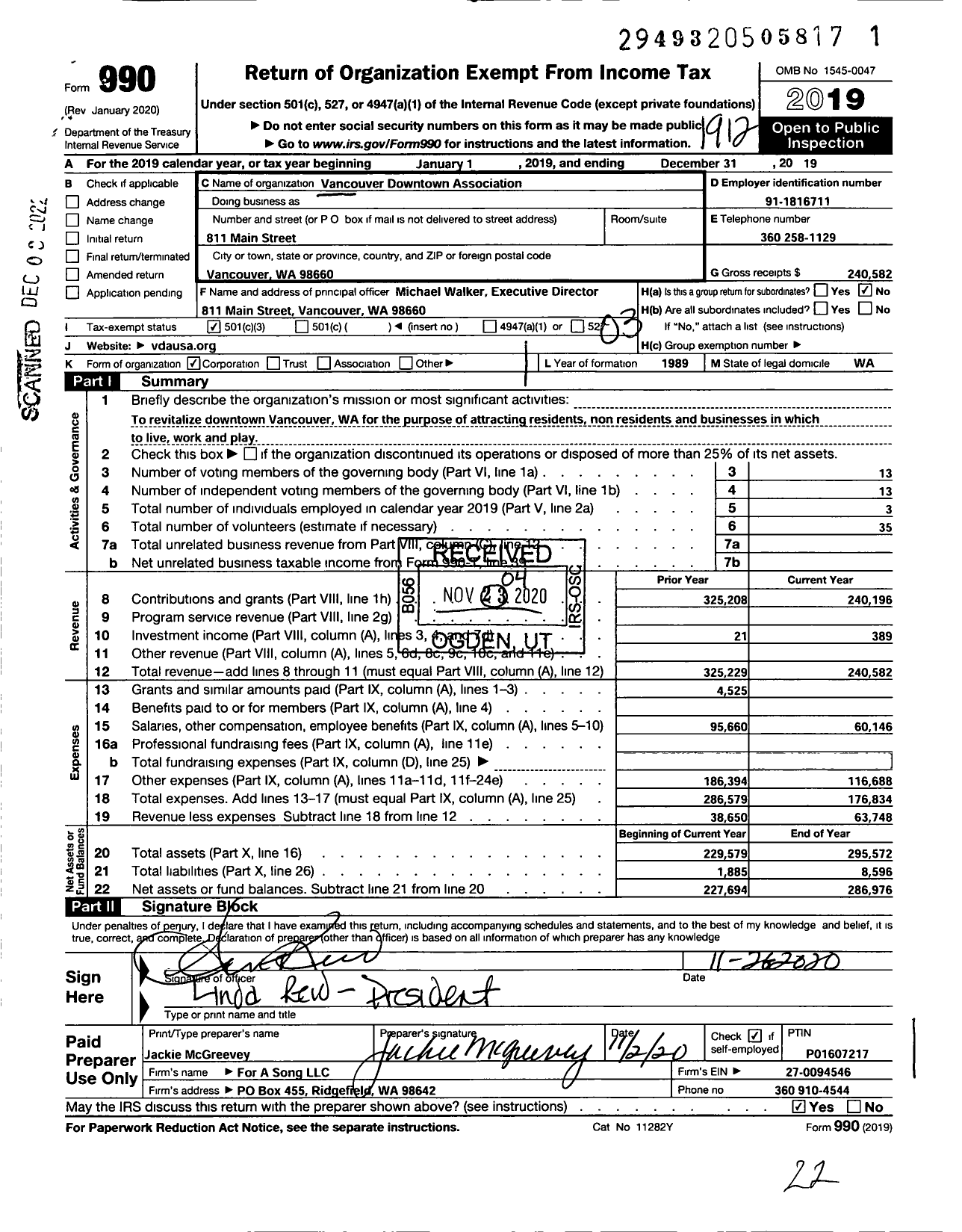 Image of first page of 2019 Form 990 for Vancouvers Downtown Association