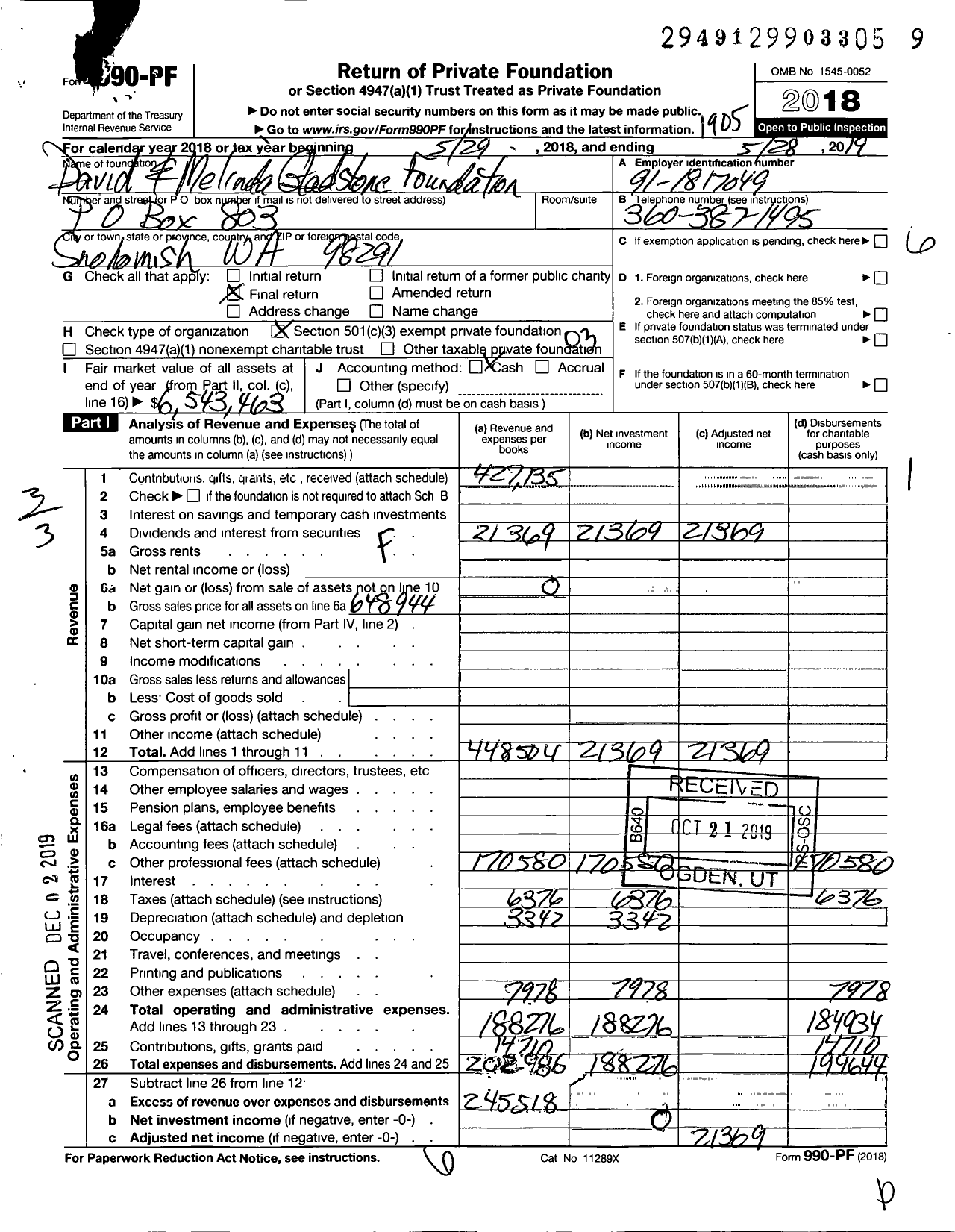 Image of first page of 2018 Form 990PF for david and melinda gladstone foundation