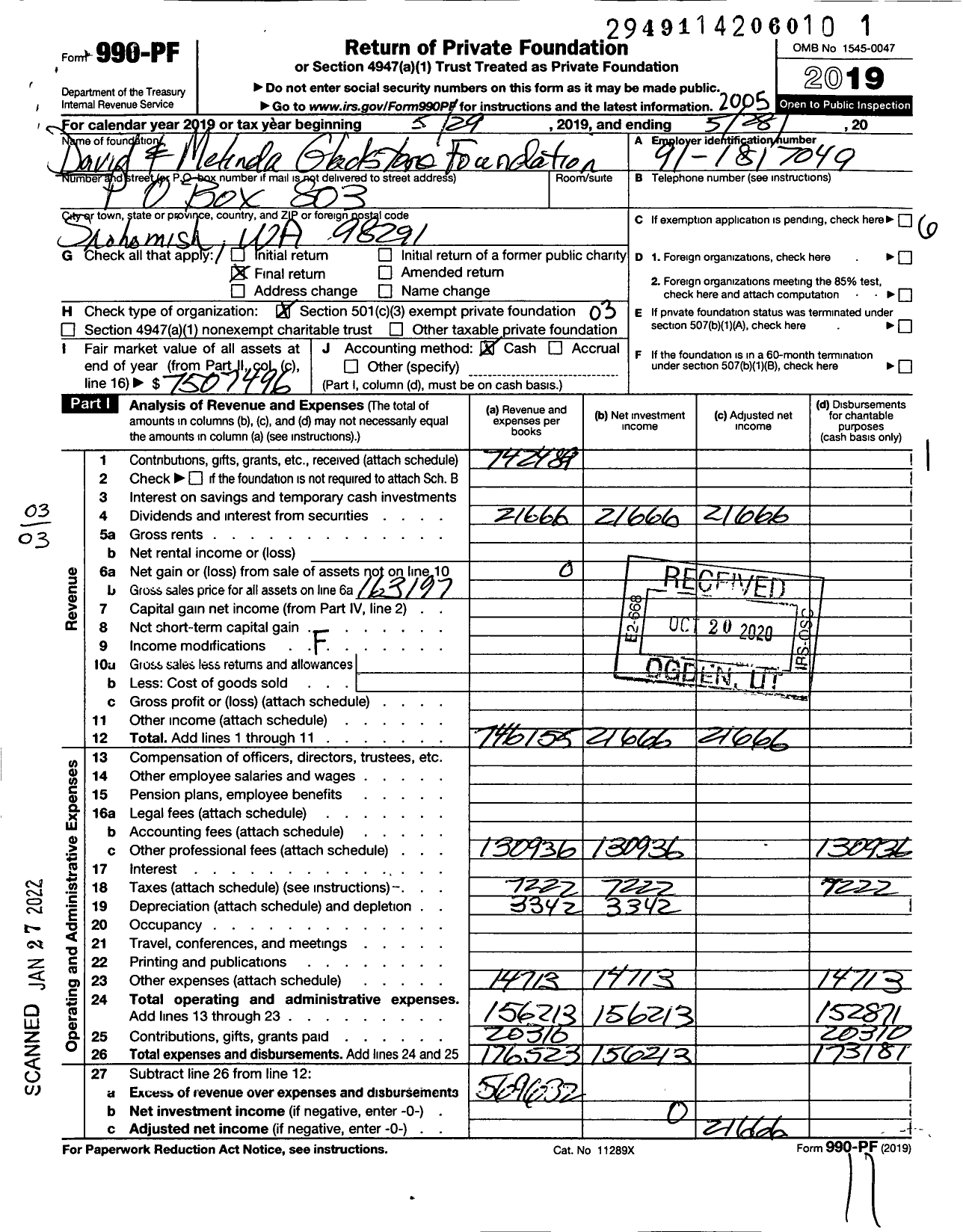 Image of first page of 2019 Form 990PF for david and melinda gladstone foundation