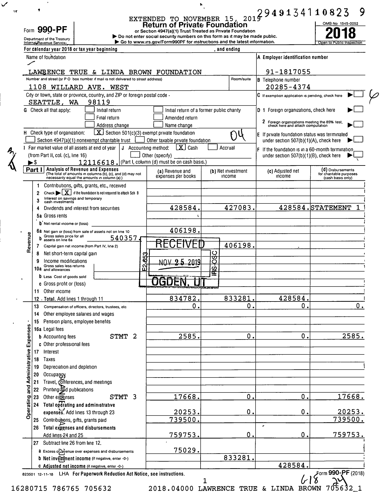 Image of first page of 2018 Form 990PF for Lawrence True and Linda Brown Foundation