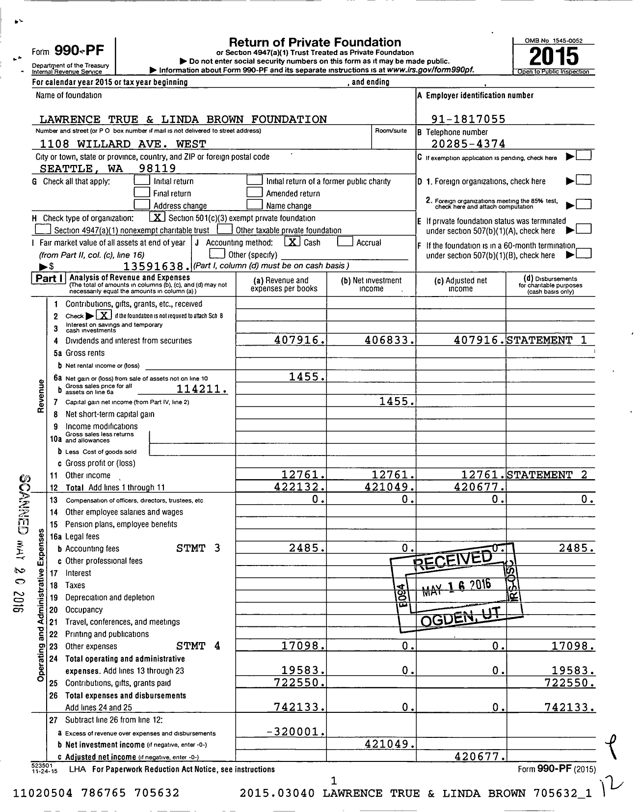 Image of first page of 2015 Form 990PF for Lawrence True and Linda Brown Foundation