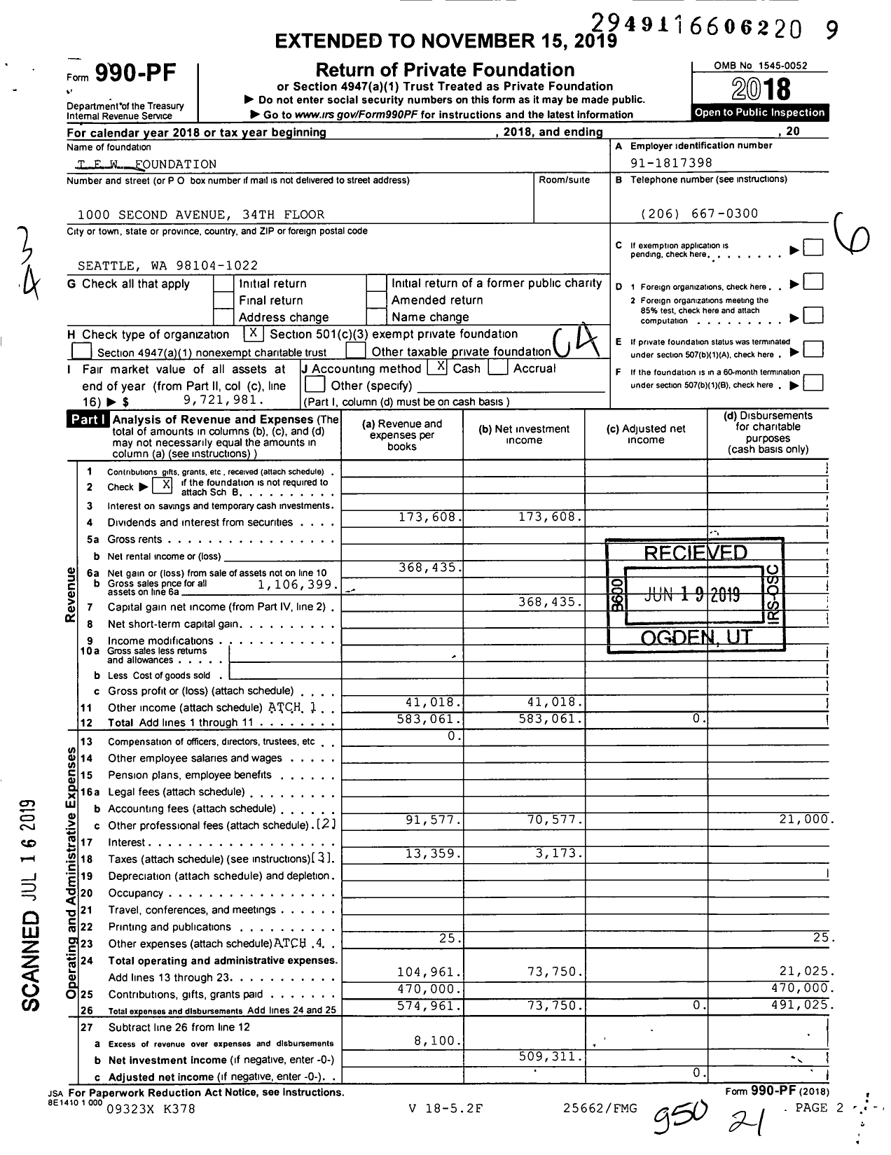 Image of first page of 2018 Form 990PF for Tew Foundation