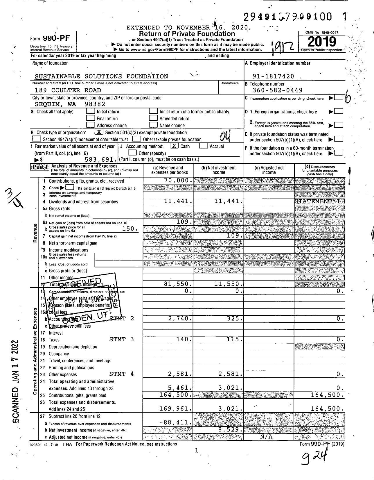 Image of first page of 2019 Form 990PF for Sustainable Solutions Foundation