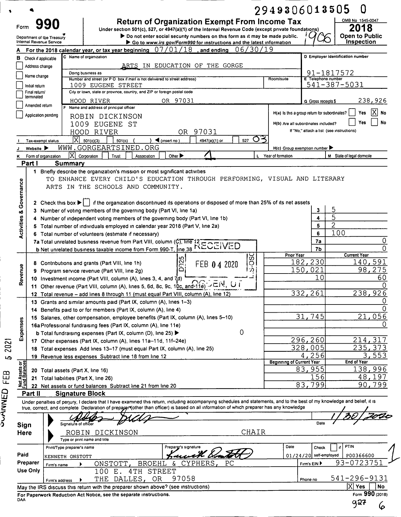 Image of first page of 2018 Form 990 for Arts in Education of the Gorge