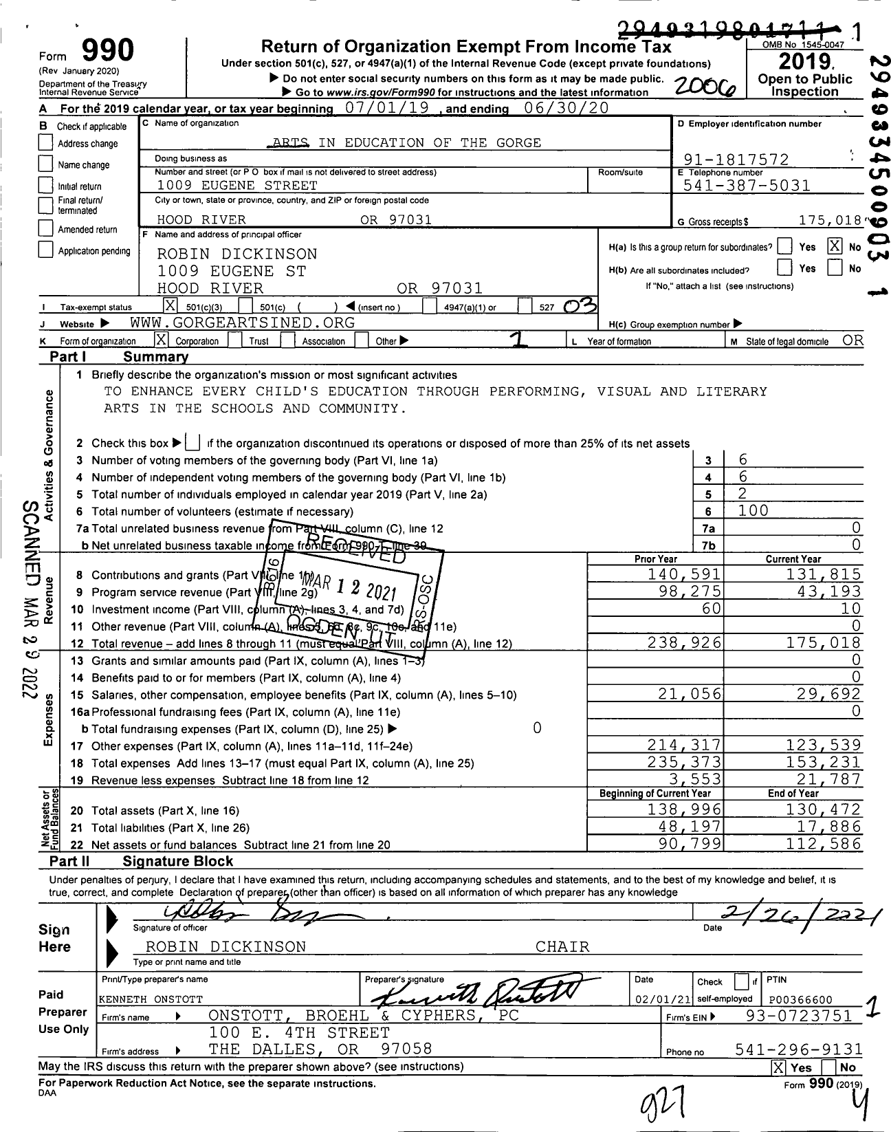 Image of first page of 2019 Form 990 for Arts in Education of the Gorge