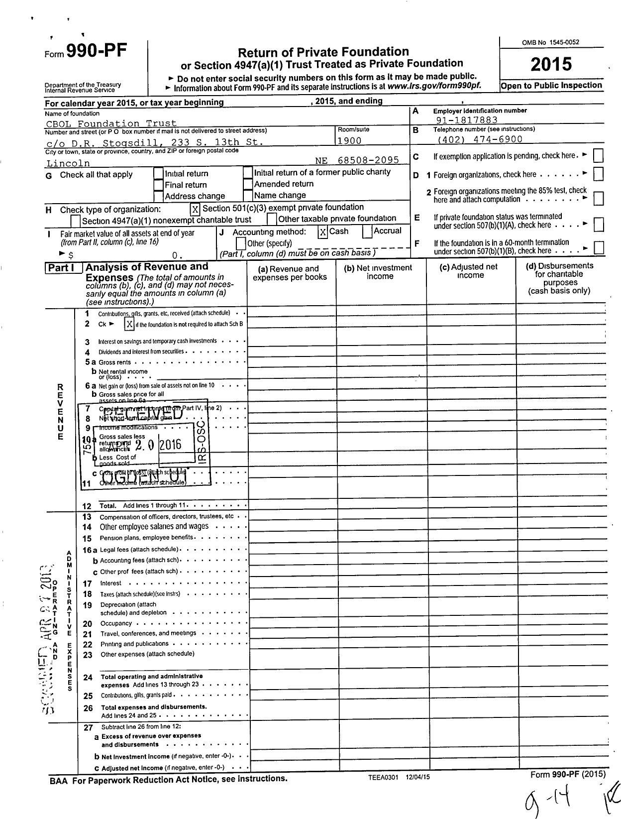 Image of first page of 2015 Form 990PF for Cbol Foundation Trust