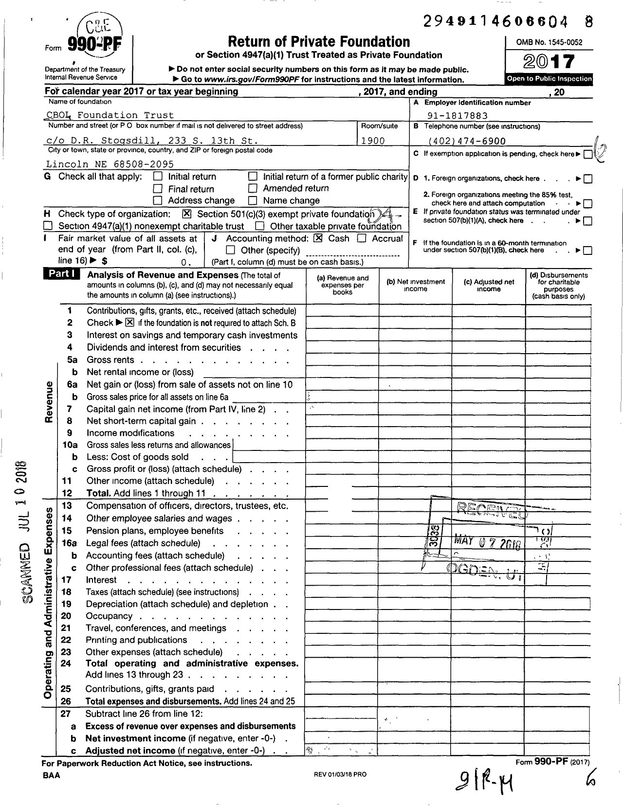 Image of first page of 2017 Form 990PF for Cbol Foundation Trust