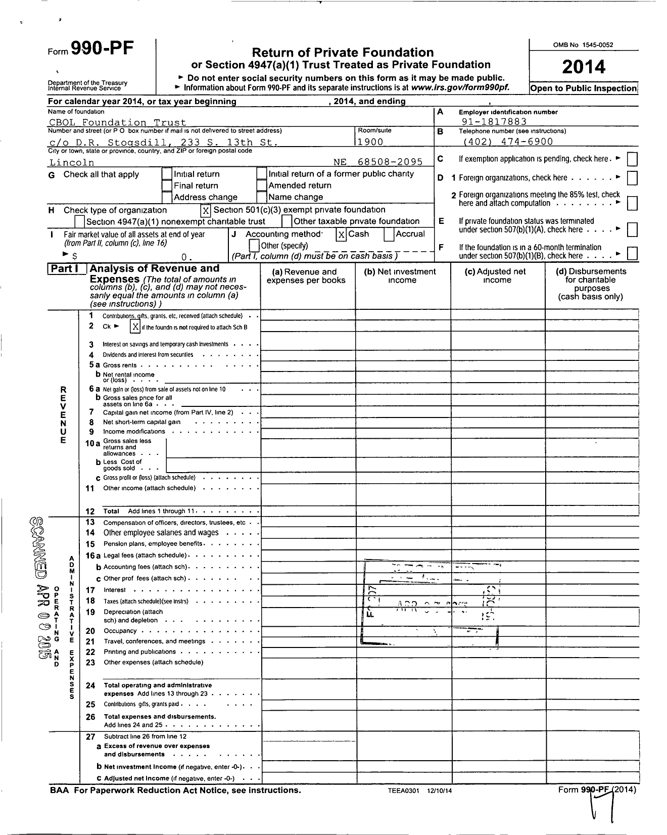 Image of first page of 2014 Form 990PF for Cbol Foundation Trust