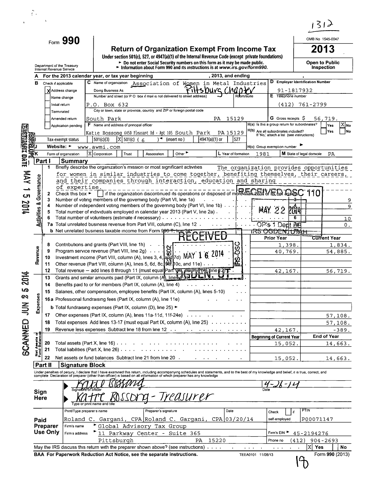 Image of first page of 2013 Form 990O for Association of Women in Metal Industries / Pittsburgh Chapter