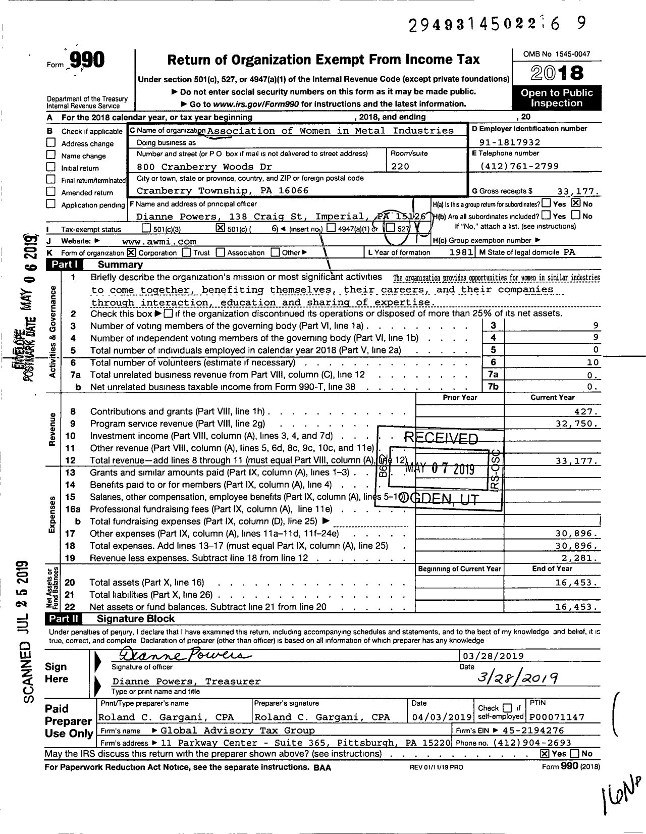 Image of first page of 2018 Form 990O for Association of Women in Metal Industries / Pittsburgh Chapter