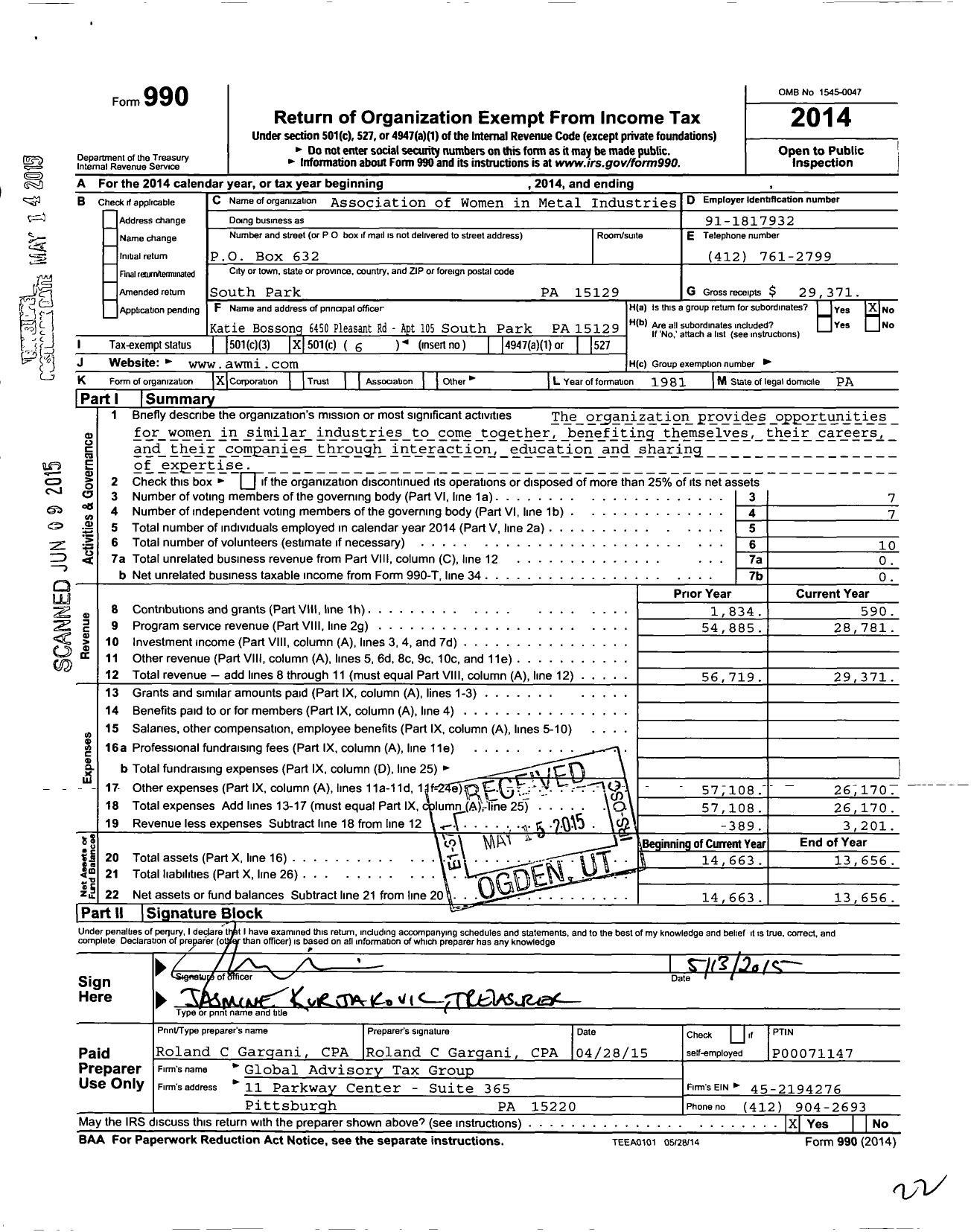 Image of first page of 2014 Form 990O for Association of Women in Metal Industries / Pittsburgh Chapter