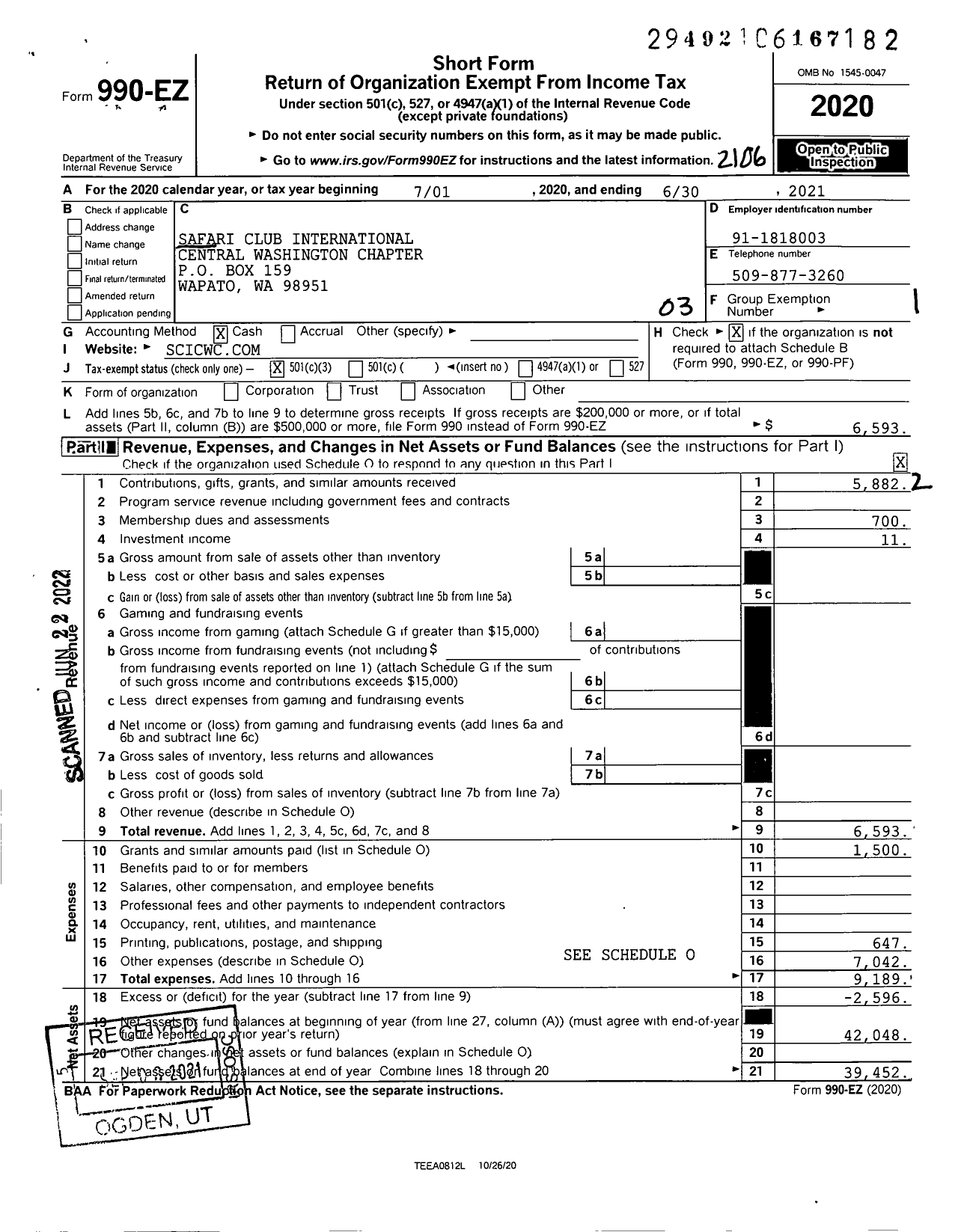 Image of first page of 2020 Form 990EZ for Safari Club International Central Washington Chapter