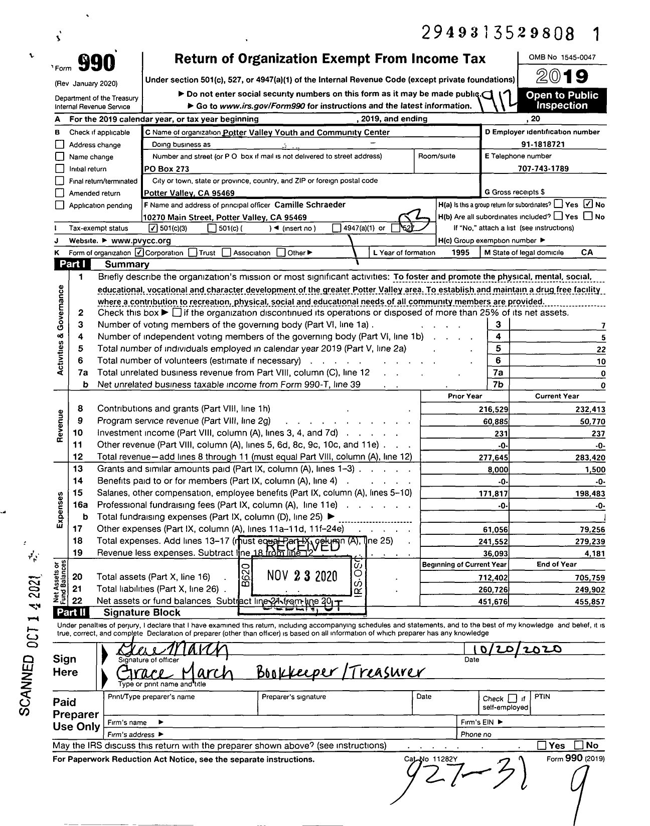 Image of first page of 2019 Form 990 for Potter Valley Youth Community Center