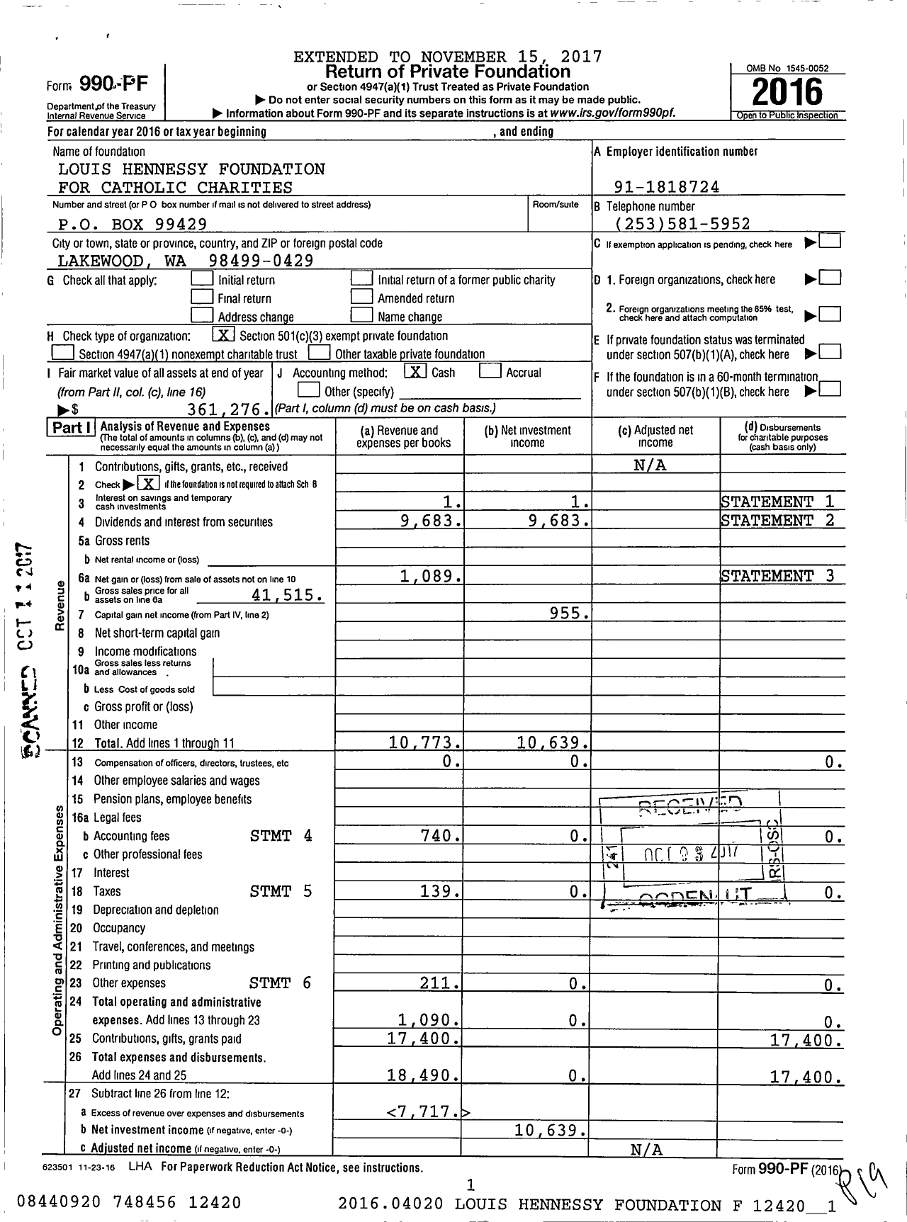 Image of first page of 2016 Form 990PF for Louis Hennessy Foundation for Catholic Charities