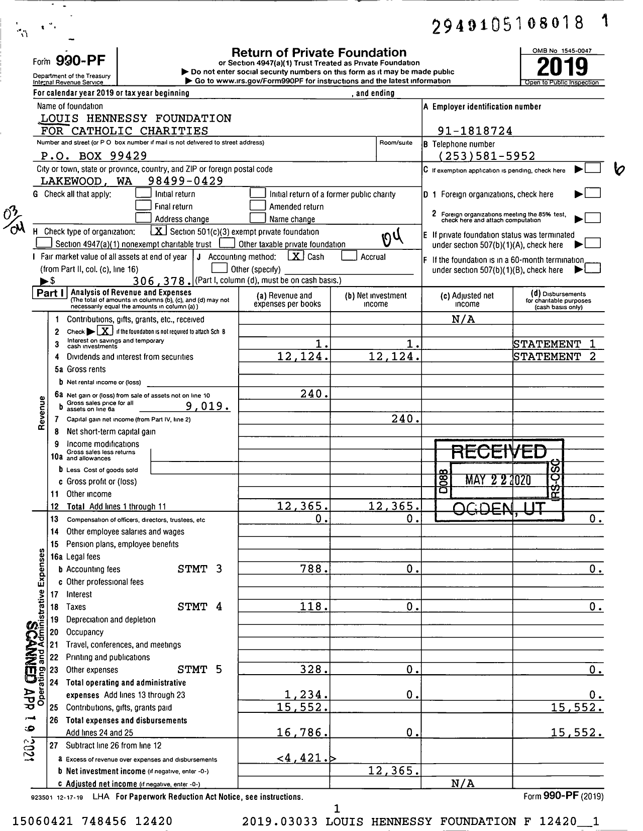 Image of first page of 2019 Form 990PF for Louis Hennessy Foundation for Catholic Charities