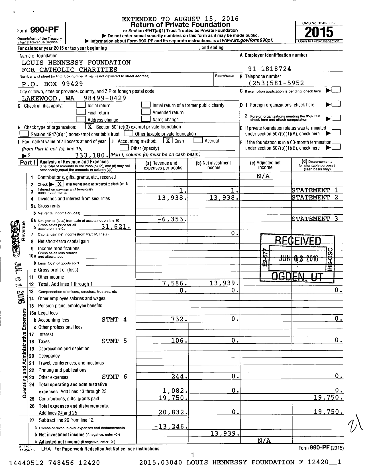 Image of first page of 2015 Form 990PF for Louis Hennessy Foundation for Catholic Charities