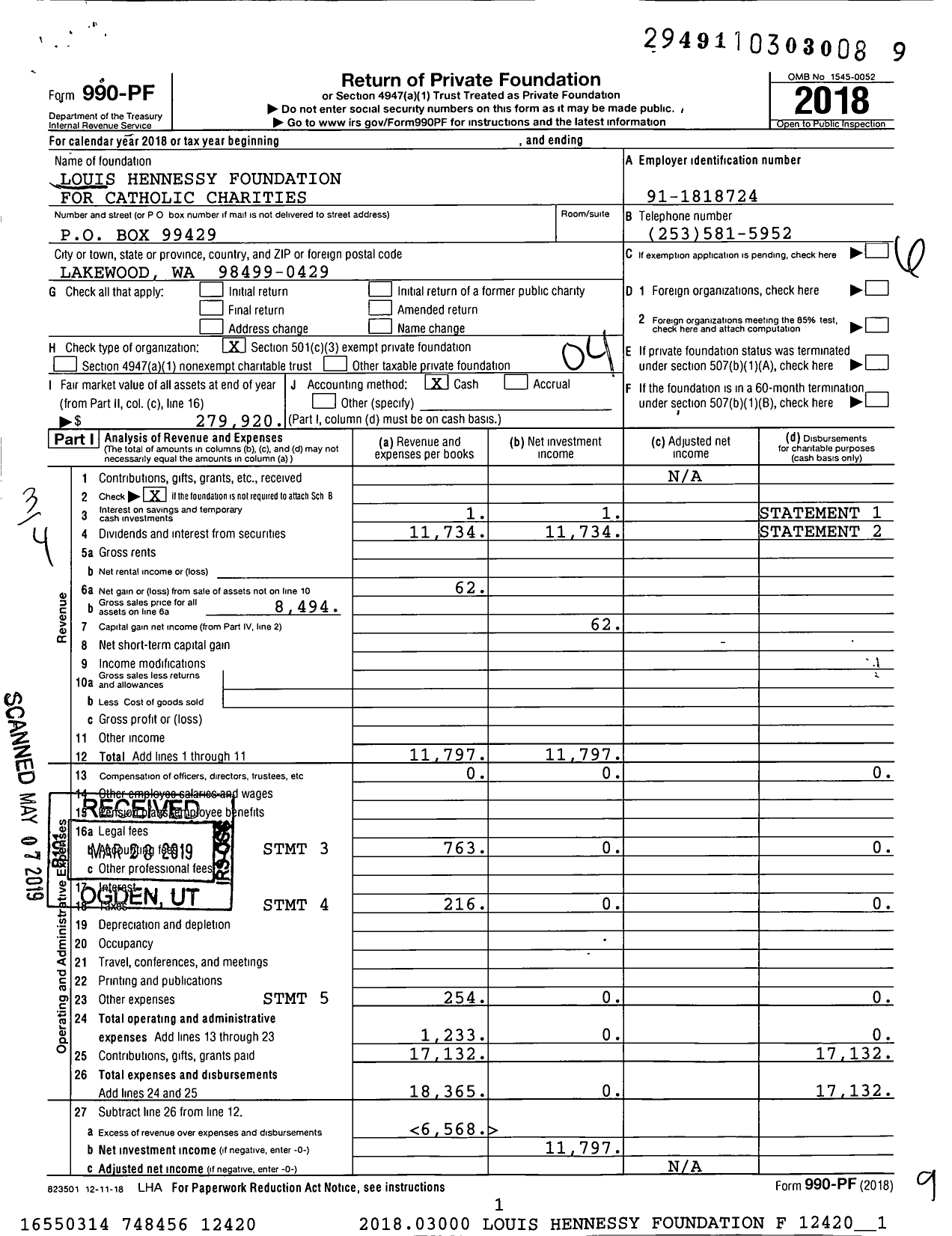 Image of first page of 2018 Form 990PF for Louis Hennessy Foundation for Catholic Charities