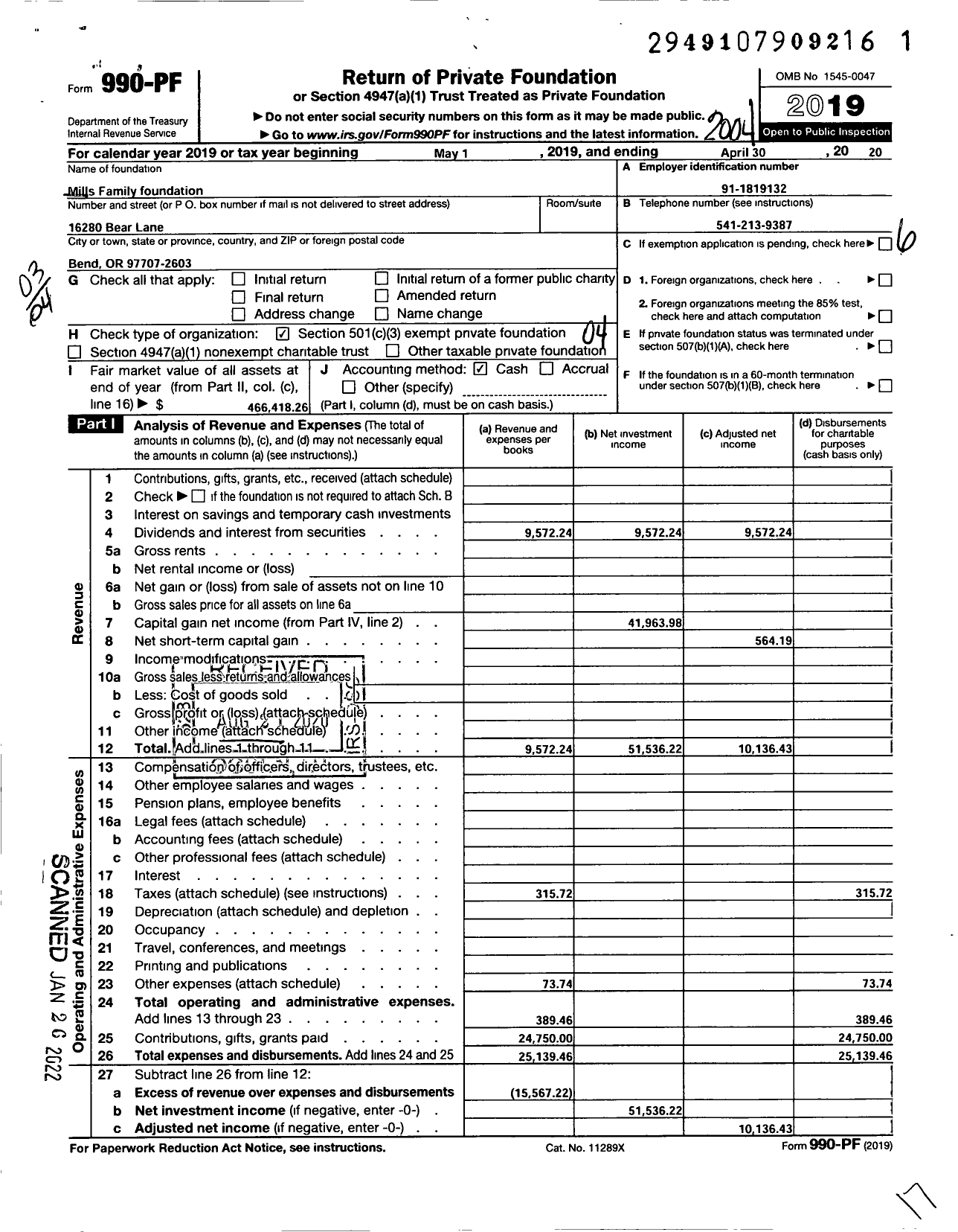 Image of first page of 2019 Form 990PF for Mills Family Foundation