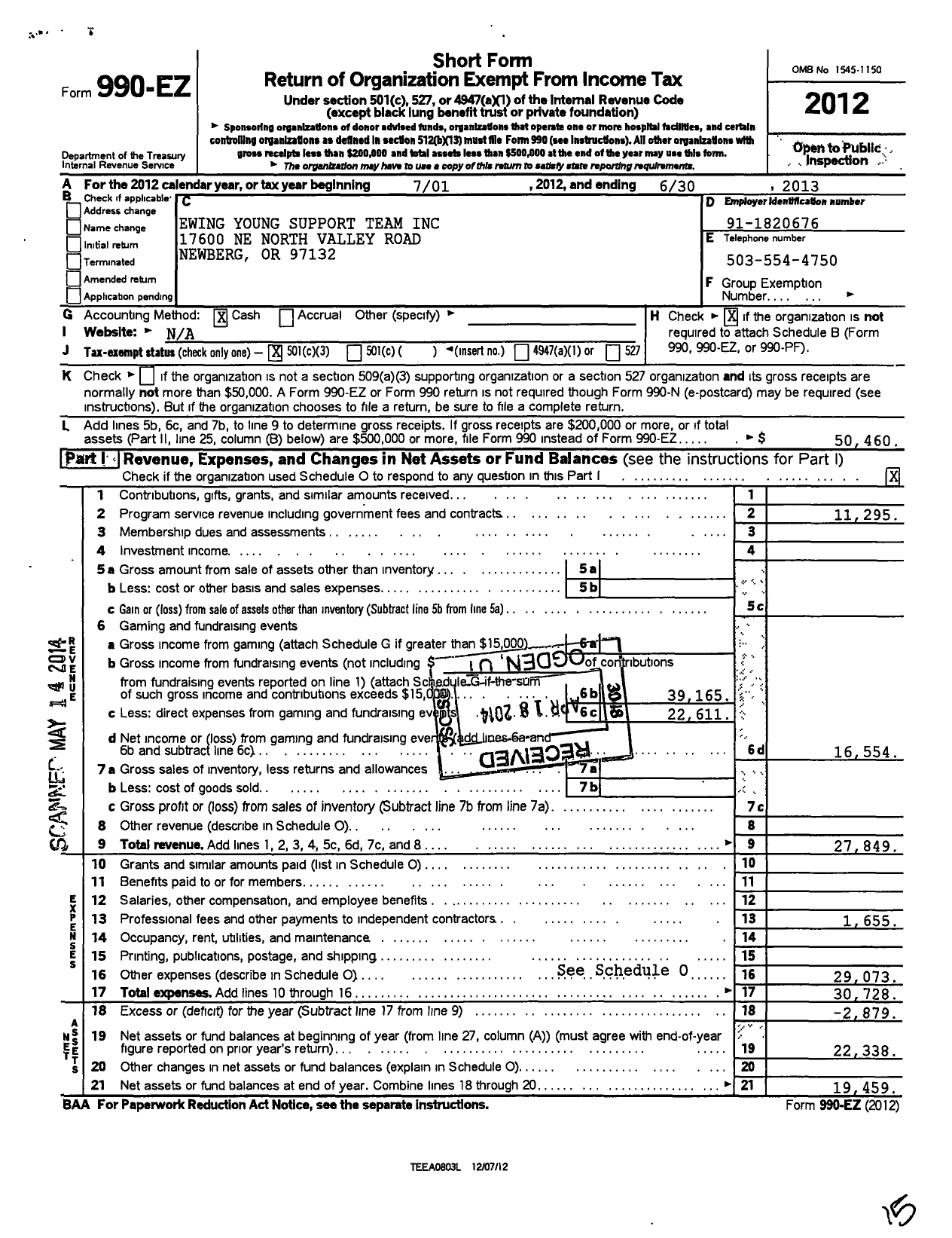 Image of first page of 2012 Form 990EZ for Ewing Young Support Team