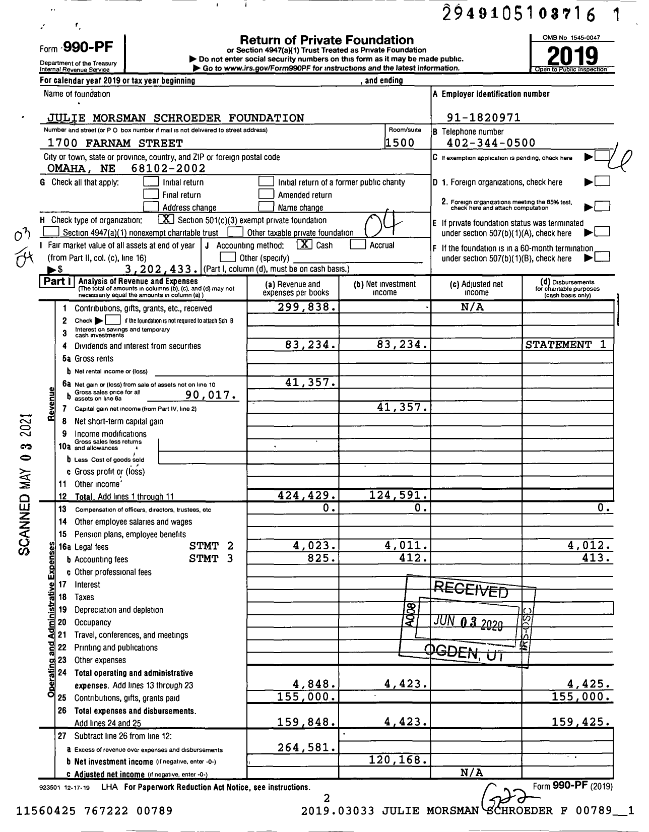 Image of first page of 2019 Form 990PF for Julie Morsman Schroeder Foundation