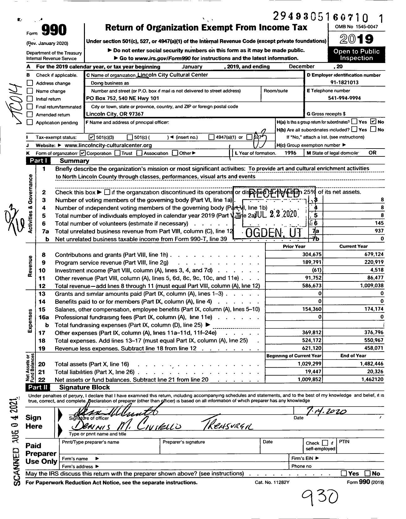 Image of first page of 2019 Form 990 for Lincoln City Cultural Center