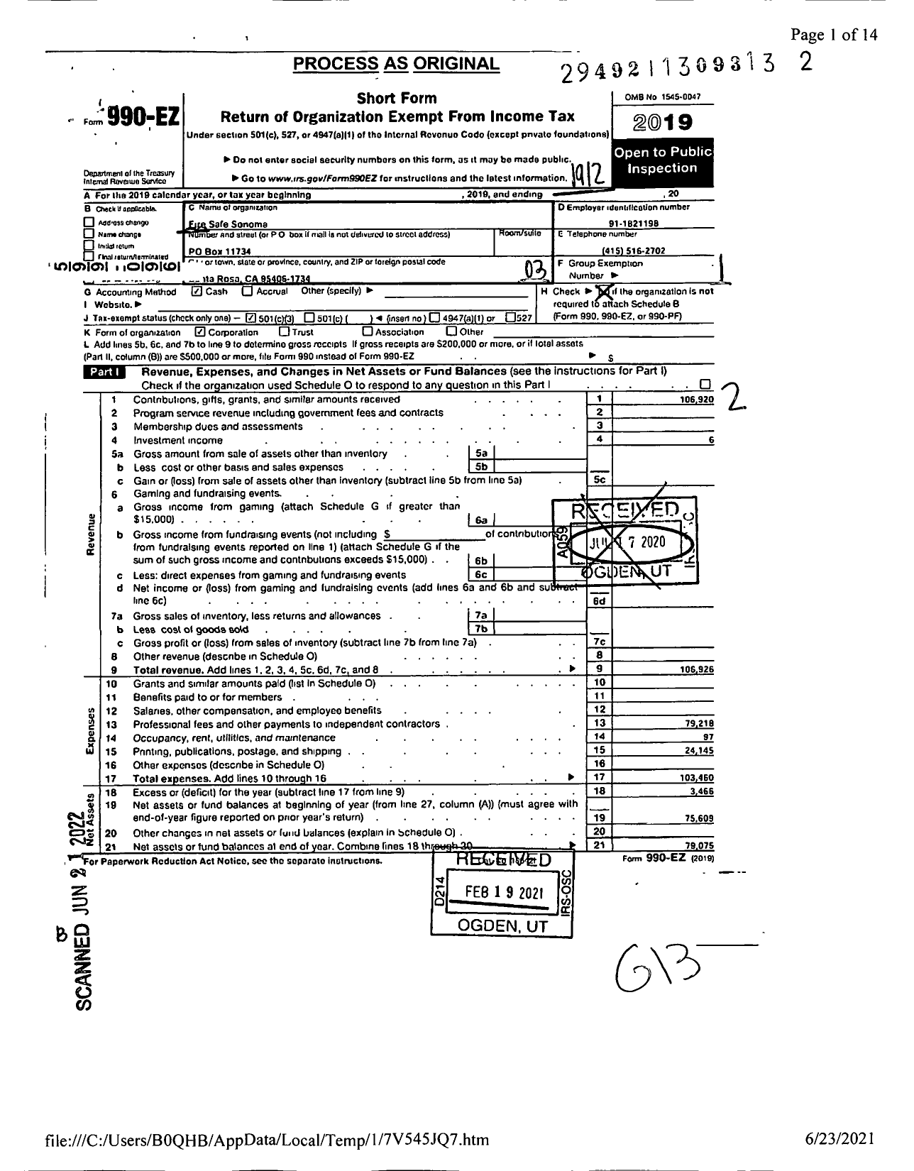 Image of first page of 2019 Form 990EZ for Fire Safe Sonoma