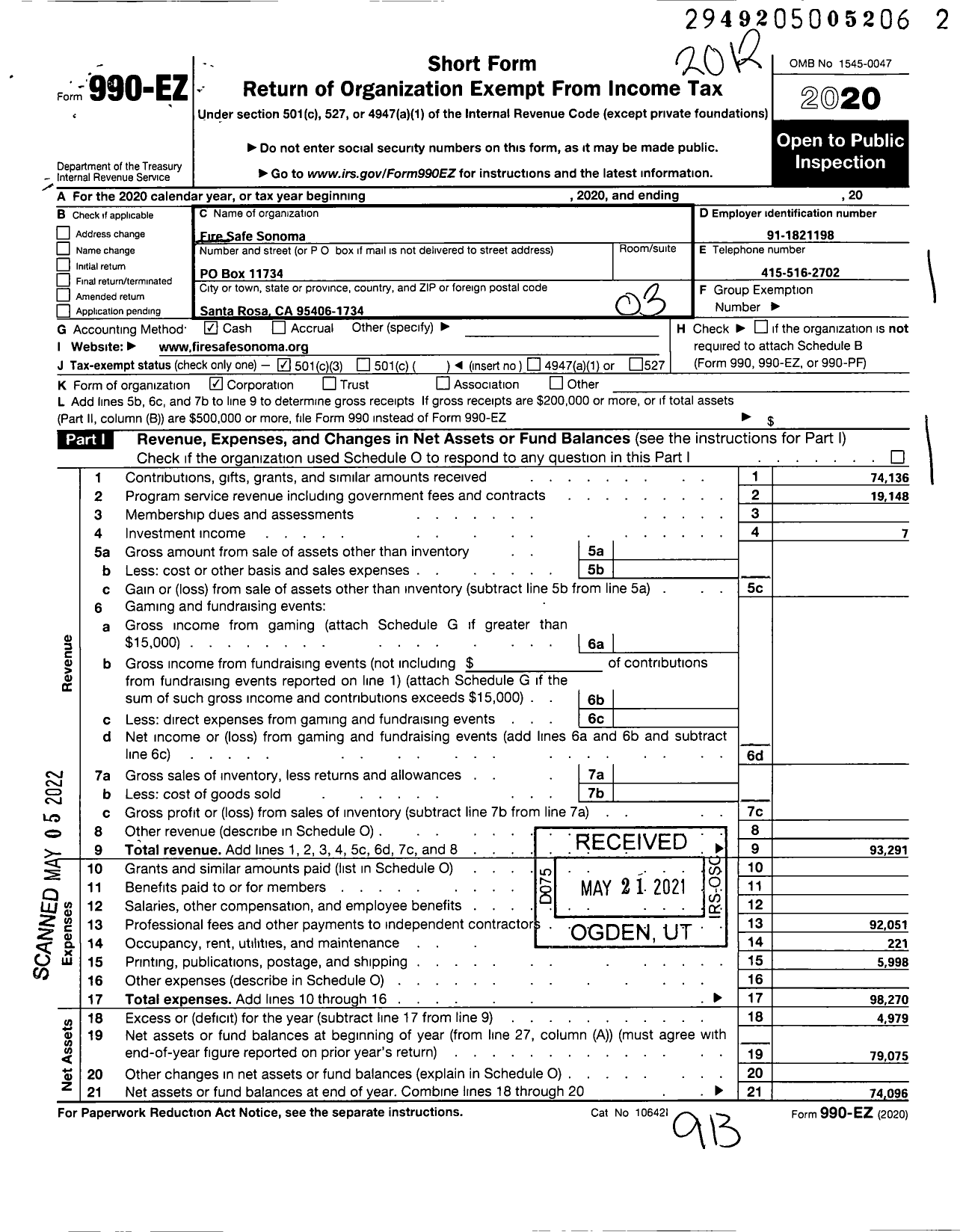 Image of first page of 2020 Form 990EZ for Fire Safe Sonoma