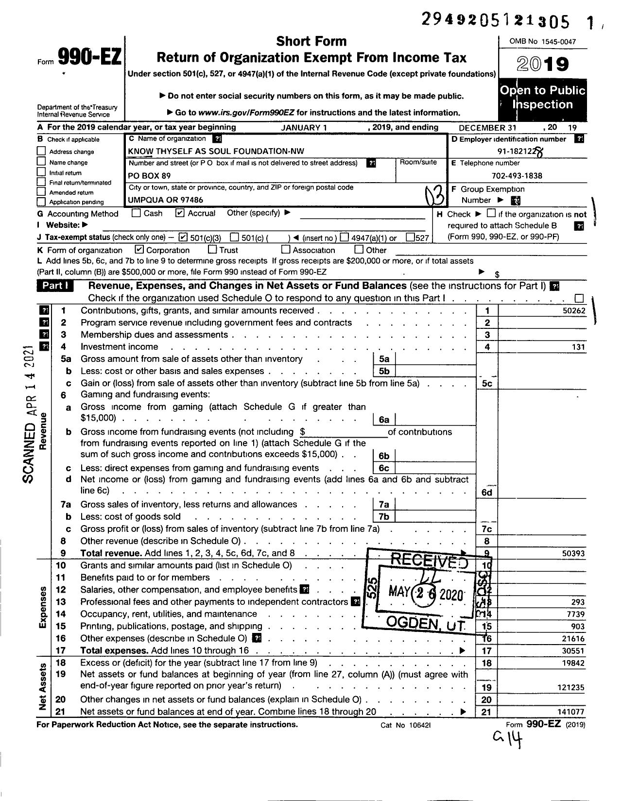 Image of first page of 2019 Form 990EZ for Know Thyself As Soul Northwest