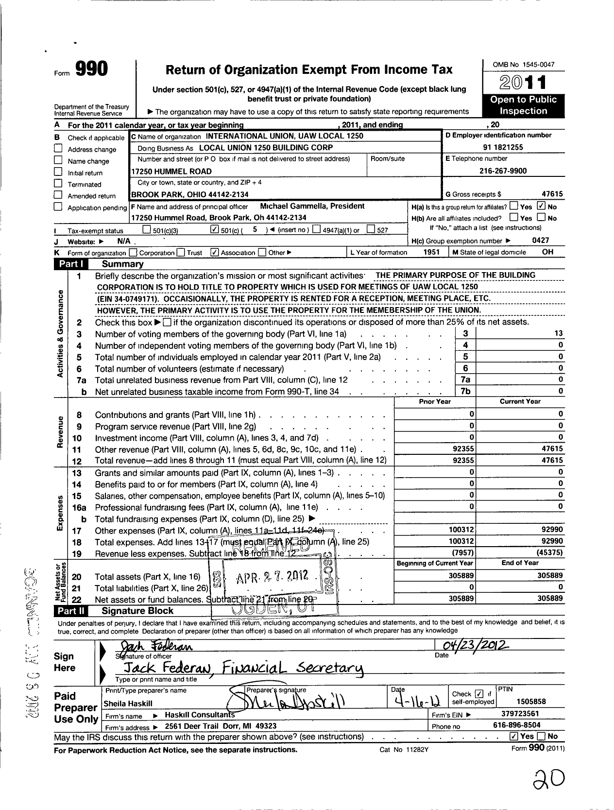 Image of first page of 2011 Form 990O for Uaw - Local Union 1250 Building Corporation