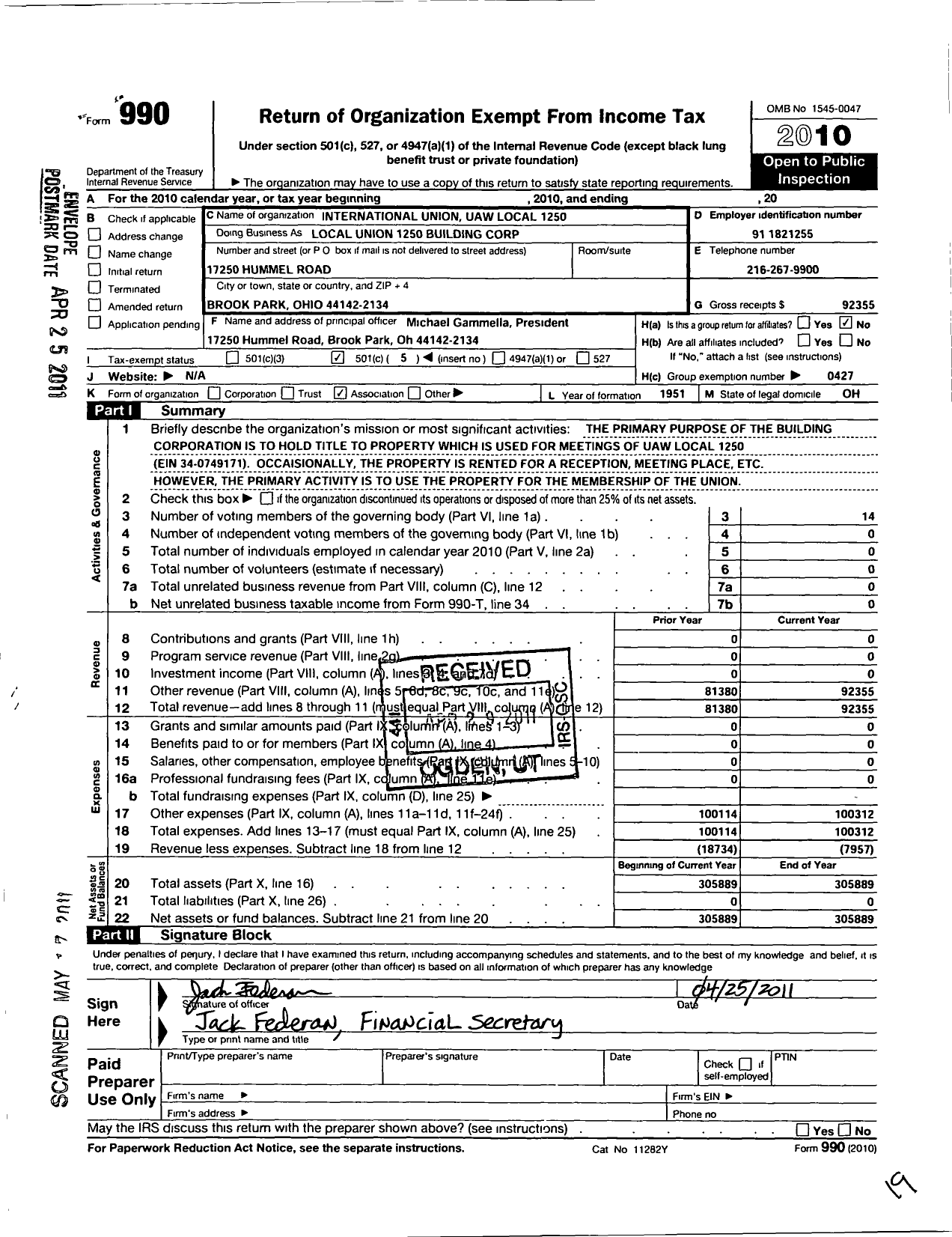 Image of first page of 2010 Form 990O for Uaw - Local Union 1250 Building Corporation