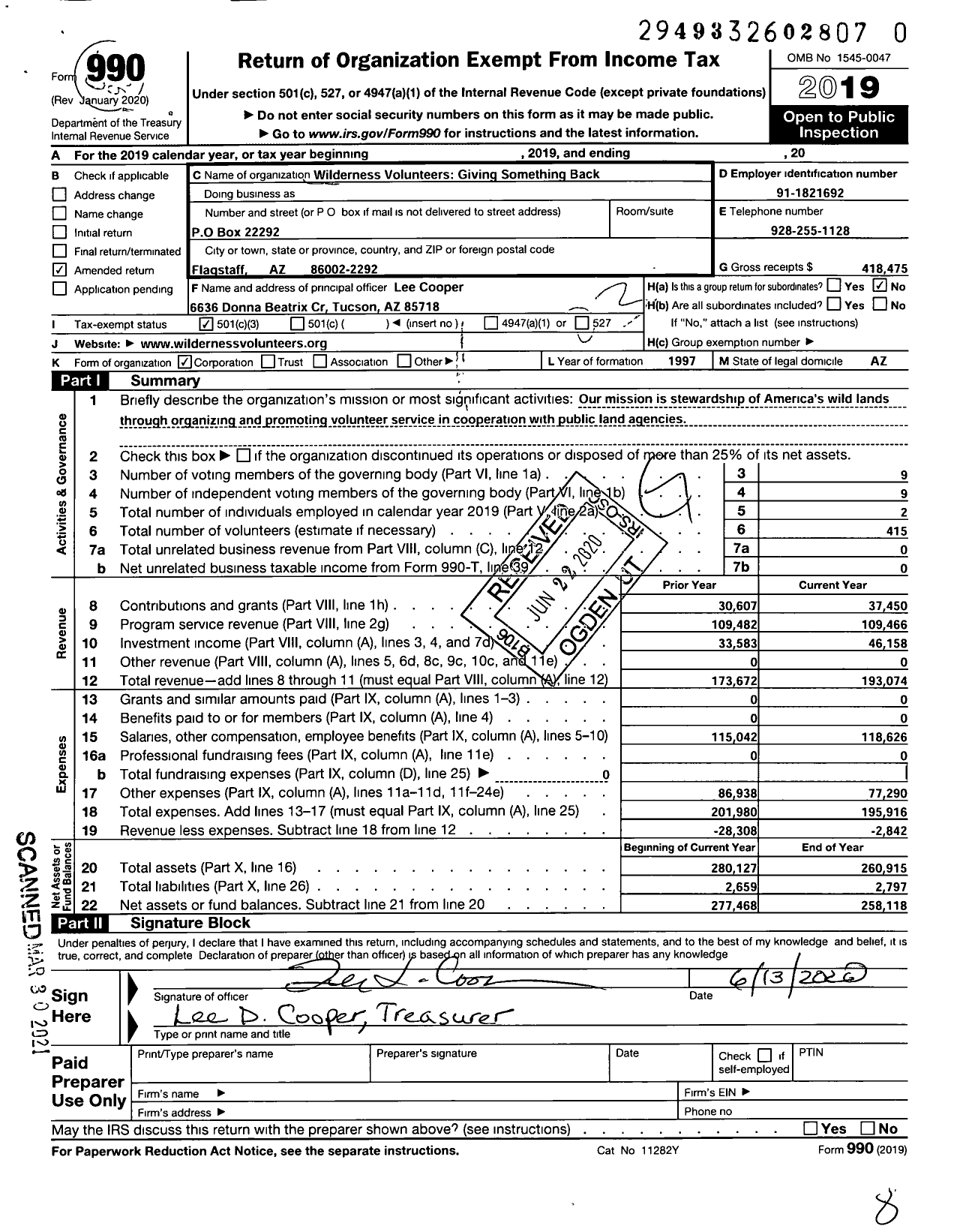 Image of first page of 2019 Form 990 for Wilderness Volunteers Giving Something Back