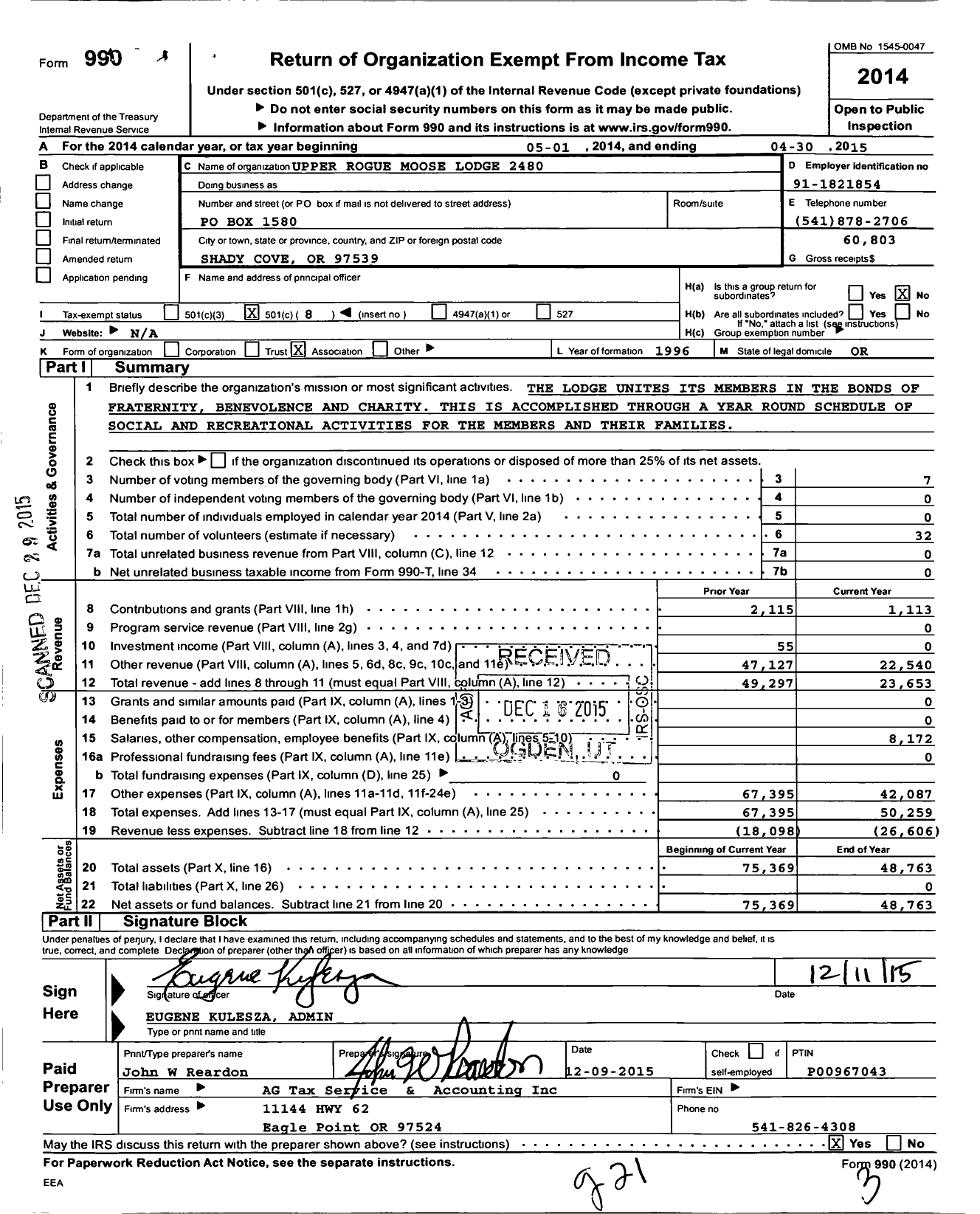 Image of first page of 2014 Form 990O for Loyal Order of Moose - 2480
