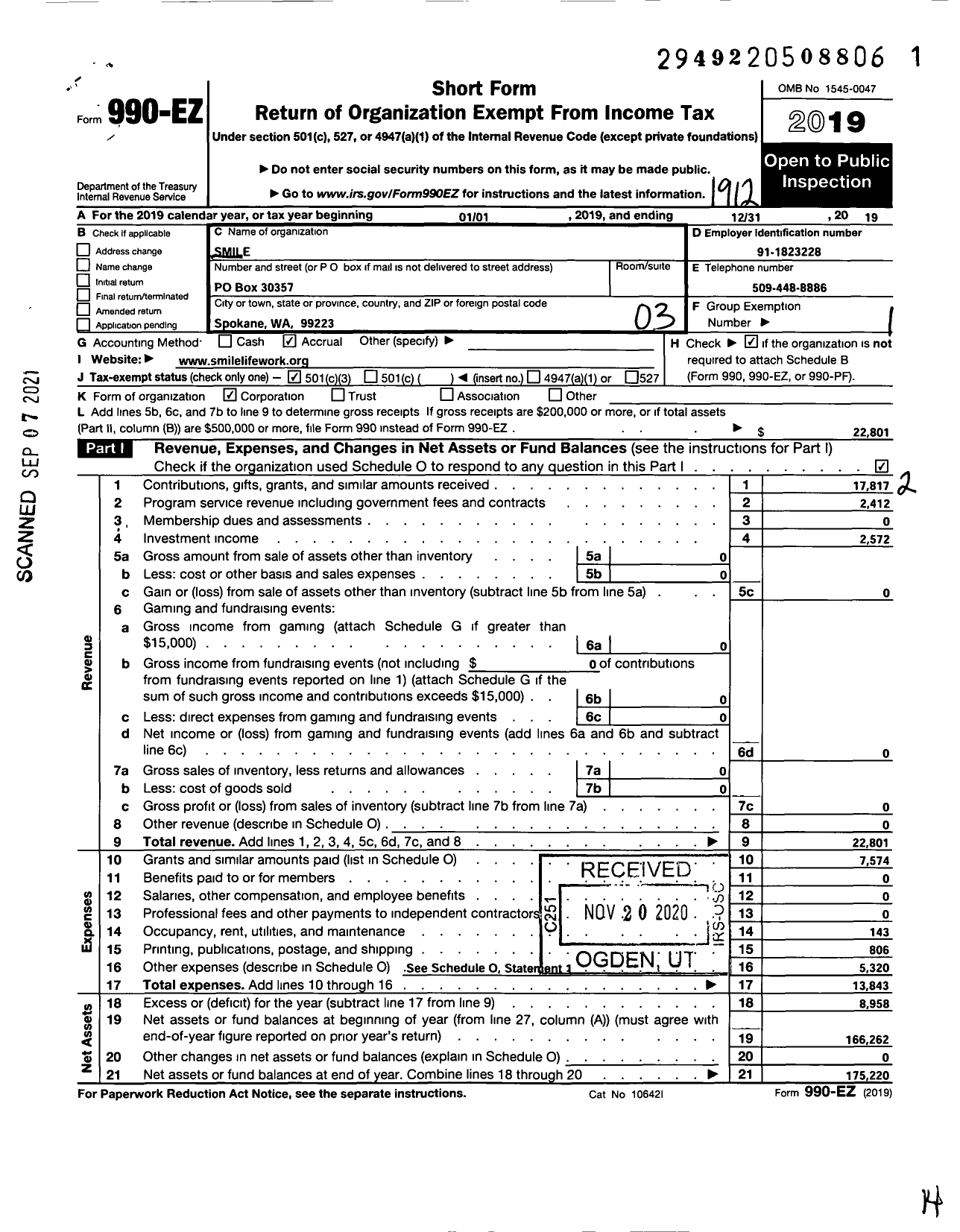 Image of first page of 2019 Form 990EZ for Smile