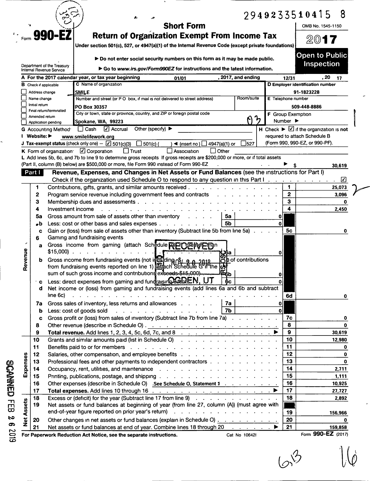 Image of first page of 2017 Form 990EZ for Smile