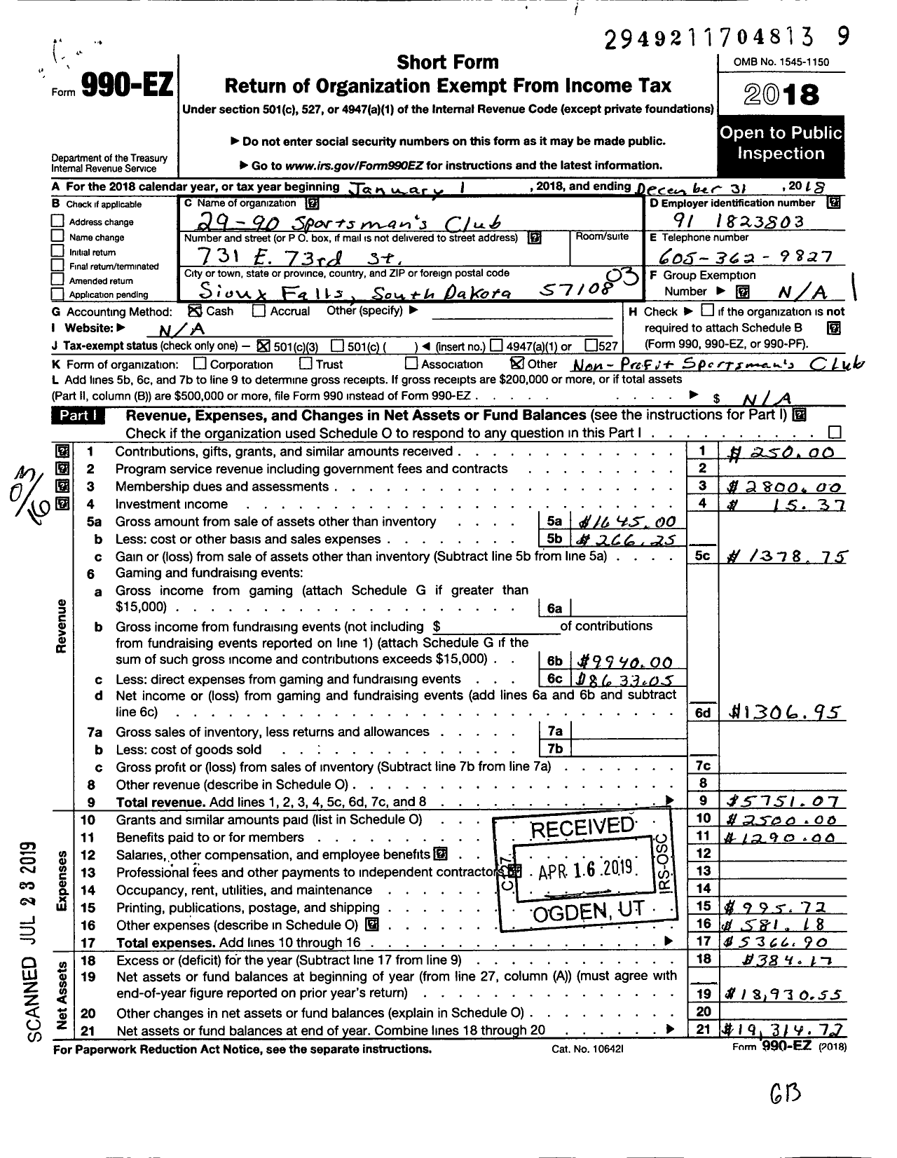 Image of first page of 2018 Form 990EZ for 29-90 Sportsmans Club