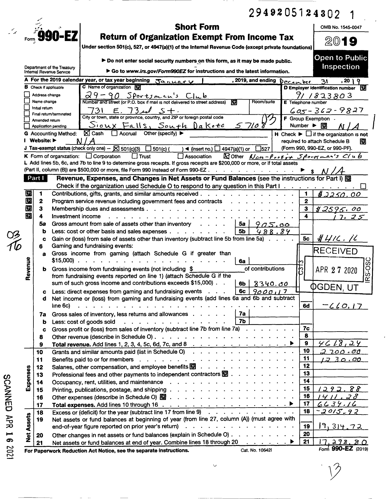 Image of first page of 2019 Form 990EZ for 29-90 Sportsmans Club