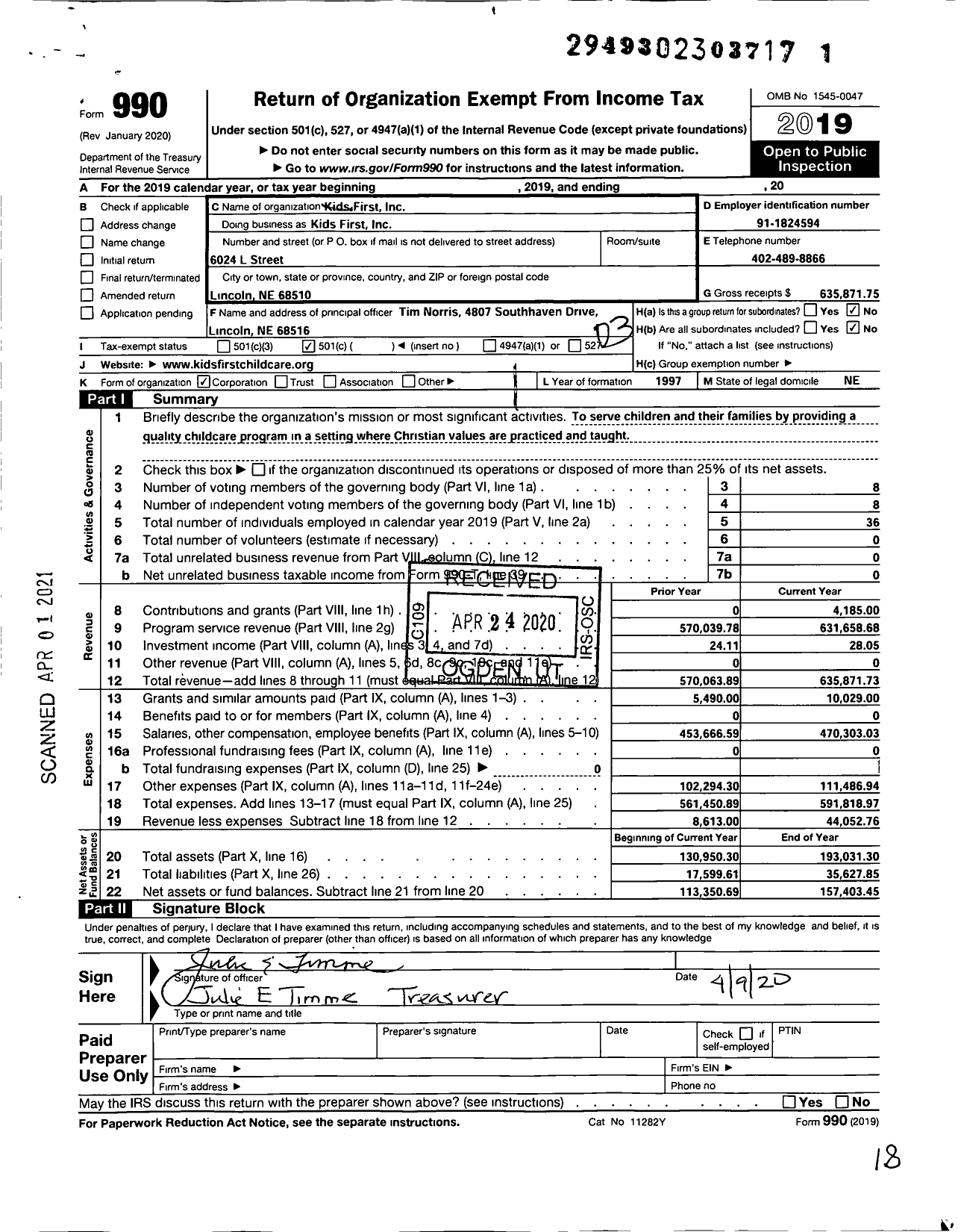 Image of first page of 2019 Form 990 for Kids First