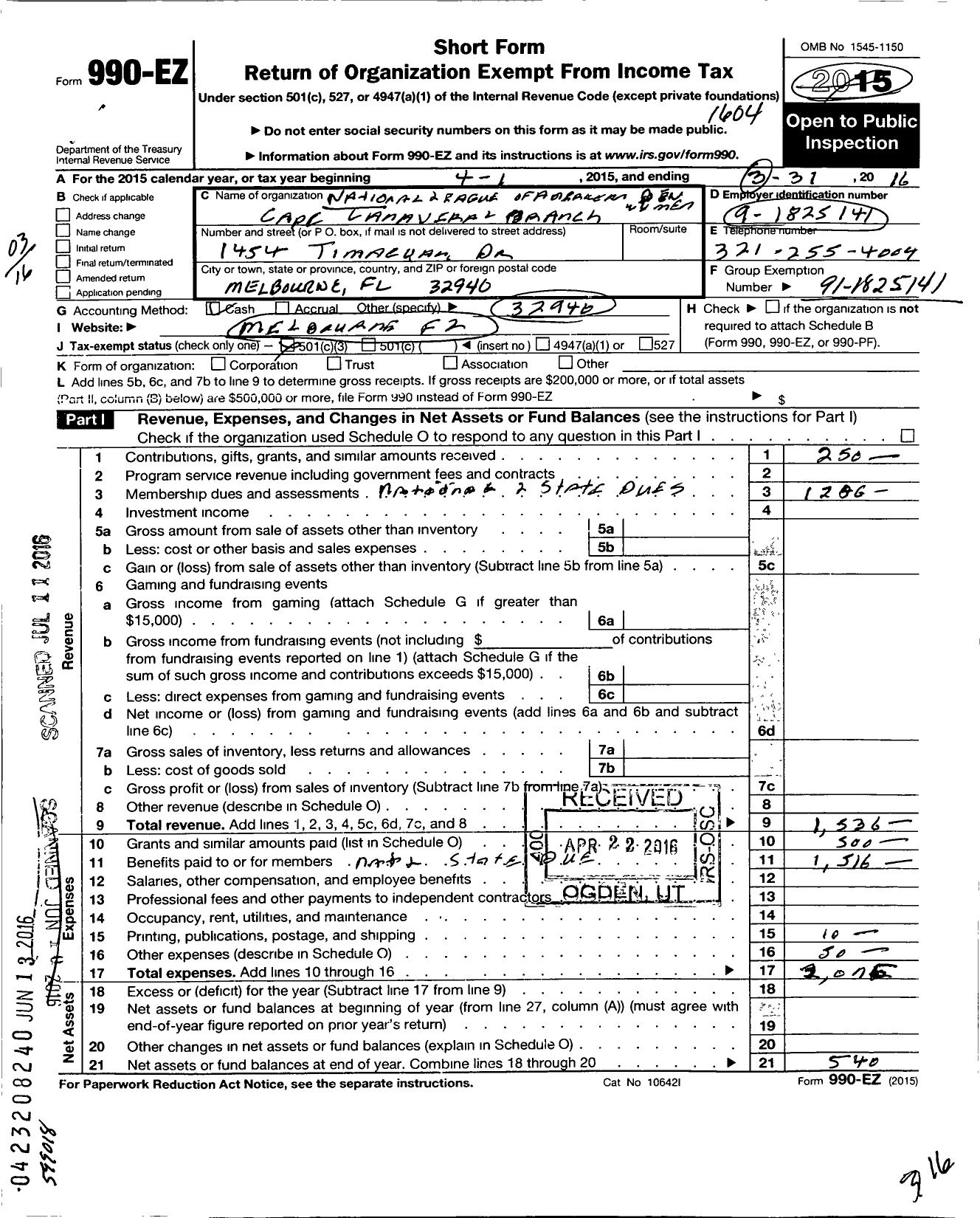 Image of first page of 2015 Form 990EZ for National League of American Pen Women / Cape Canaveral Branch