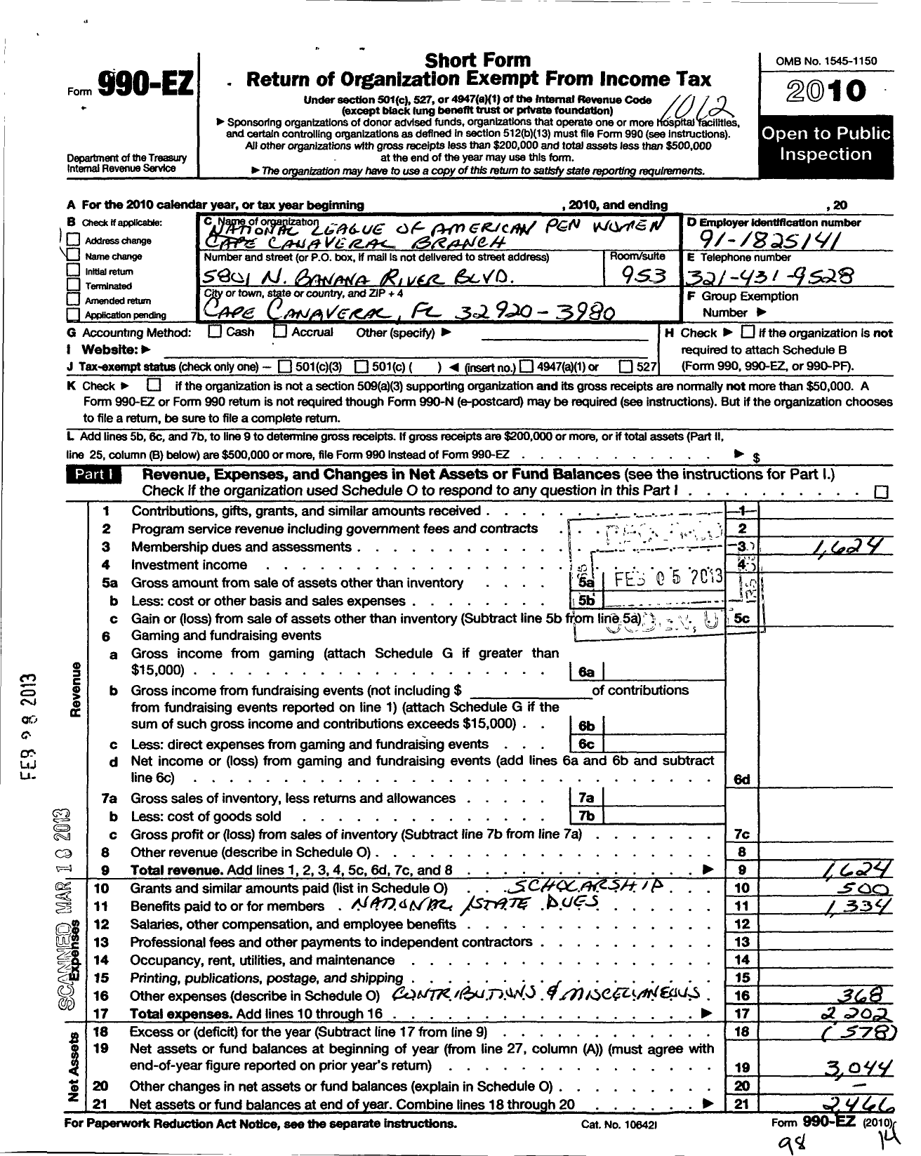 Image of first page of 2010 Form 990EO for National League of American Pen Women / Cape Canaveral Branch