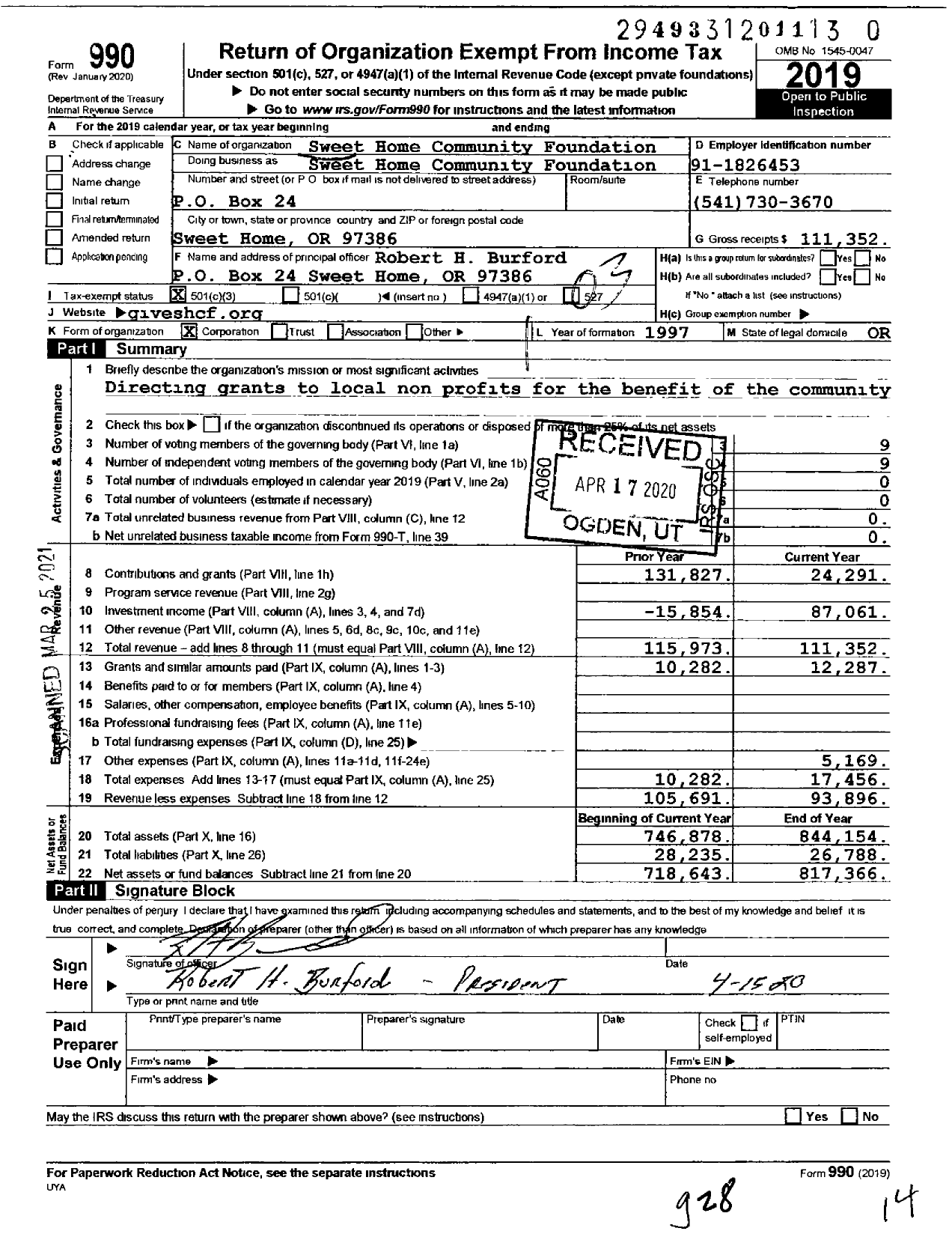 Image of first page of 2019 Form 990 for Sweet Home Community Foundation Sweet Home Community Foundation