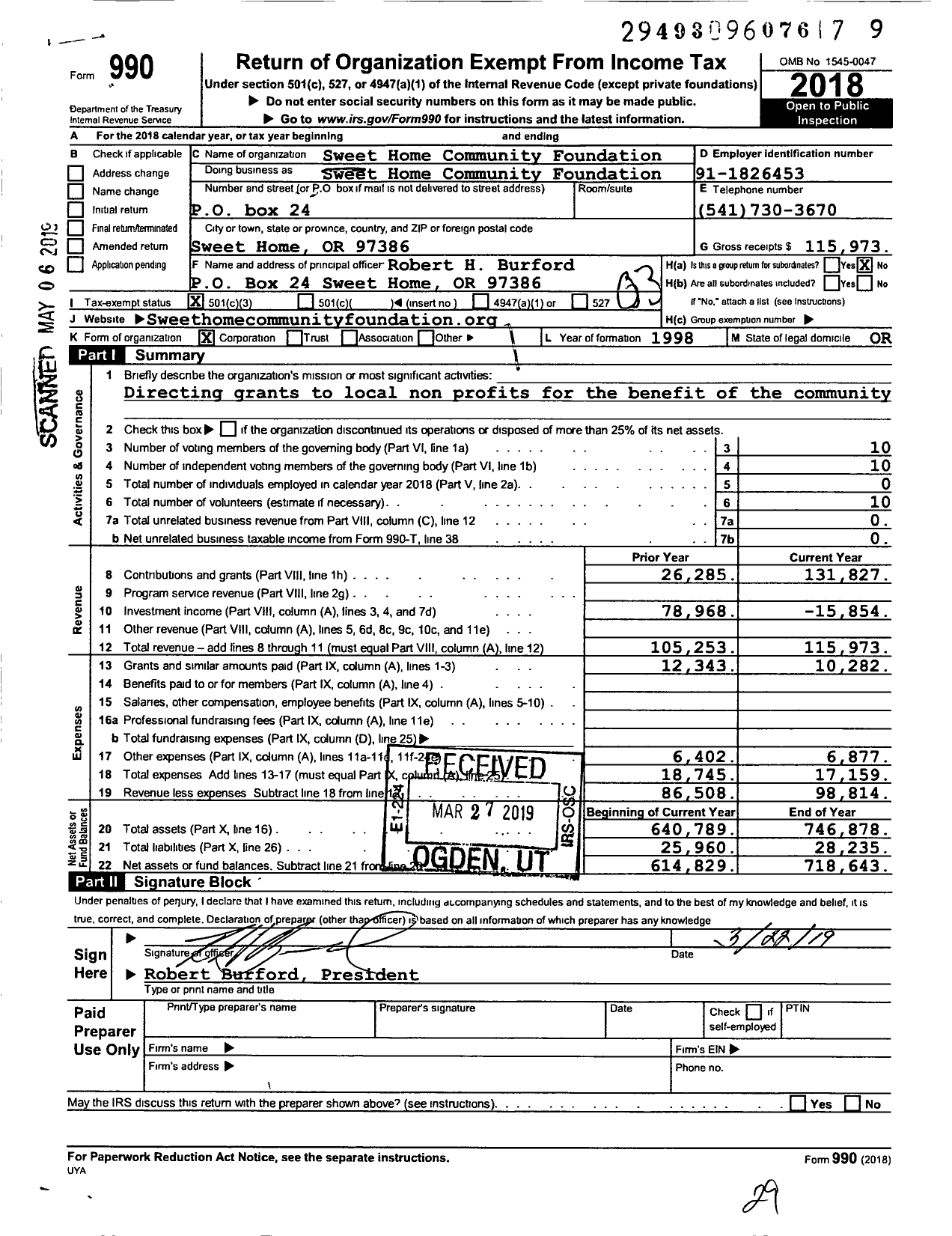 Image of first page of 2018 Form 990 for Sweet Home Community Foundation Sweet Home Community Foundation