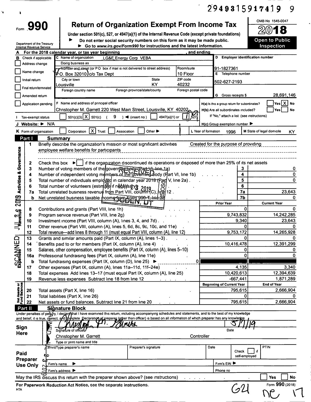 Image of first page of 2018 Form 990O for LG&E Energy Corp VEBA