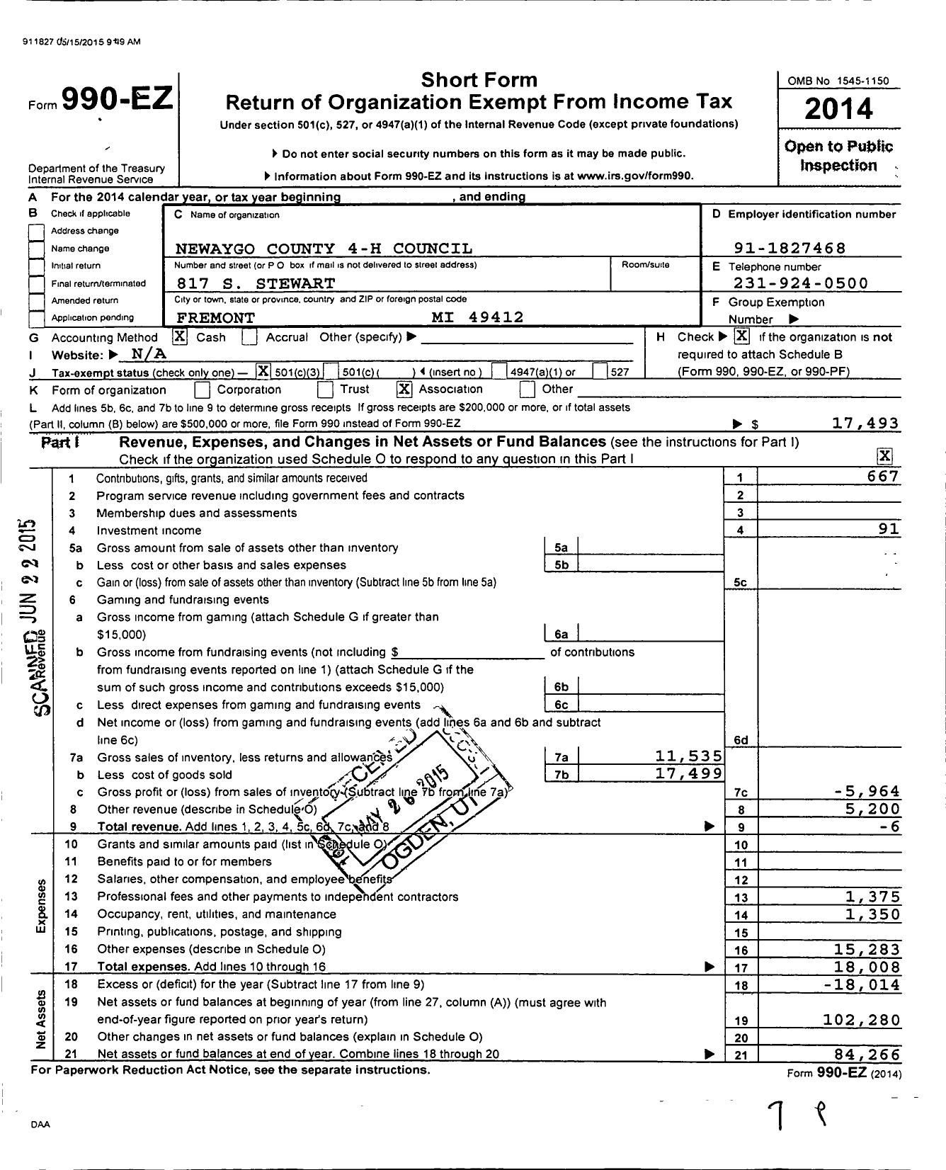 Image of first page of 2014 Form 990EZ for Michigan State University / Newaygo County 4-H Council